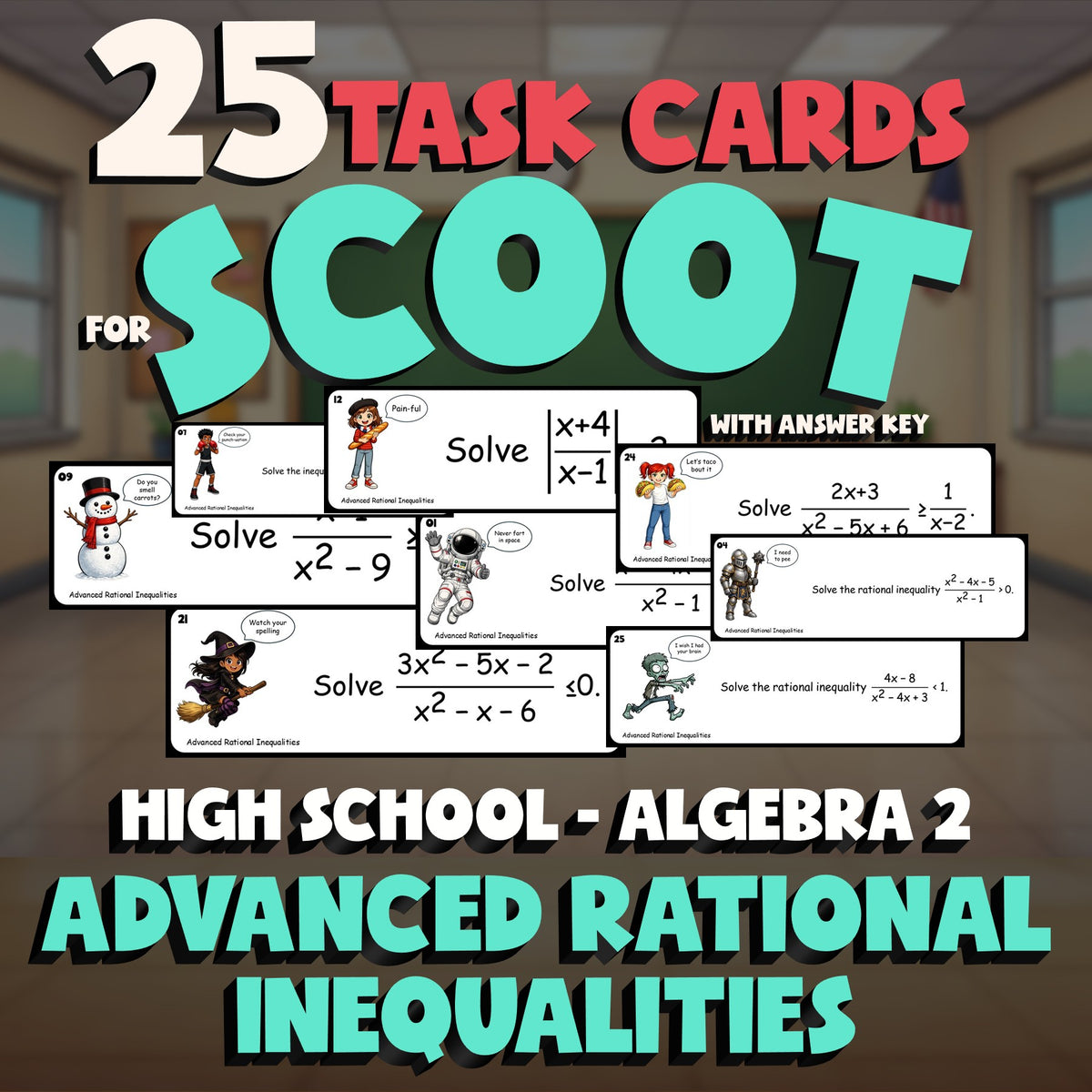 Advanced Rational Inequalities SCOOT TASK CARDS Math Game - No Prep Algebra 2
