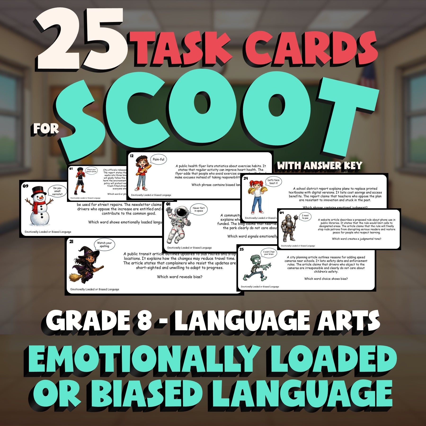 Emotionally Loaded or Biased Language SCOOT TASK CARDS ELA Game - Grade 8