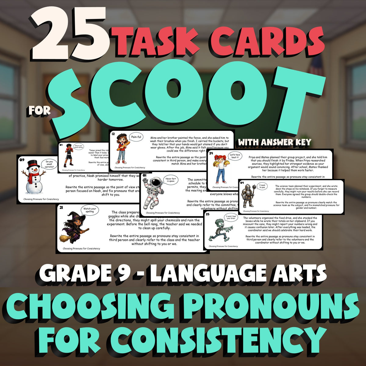 Choosing Pronouns for Consistency SCOOT TASK CARDS ELA Game - No Prep Grade 9