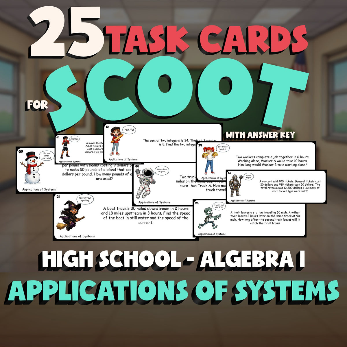 Applications of Systems SCOOT TASK CARDS Math Game - No Prep Algebra 1 Review