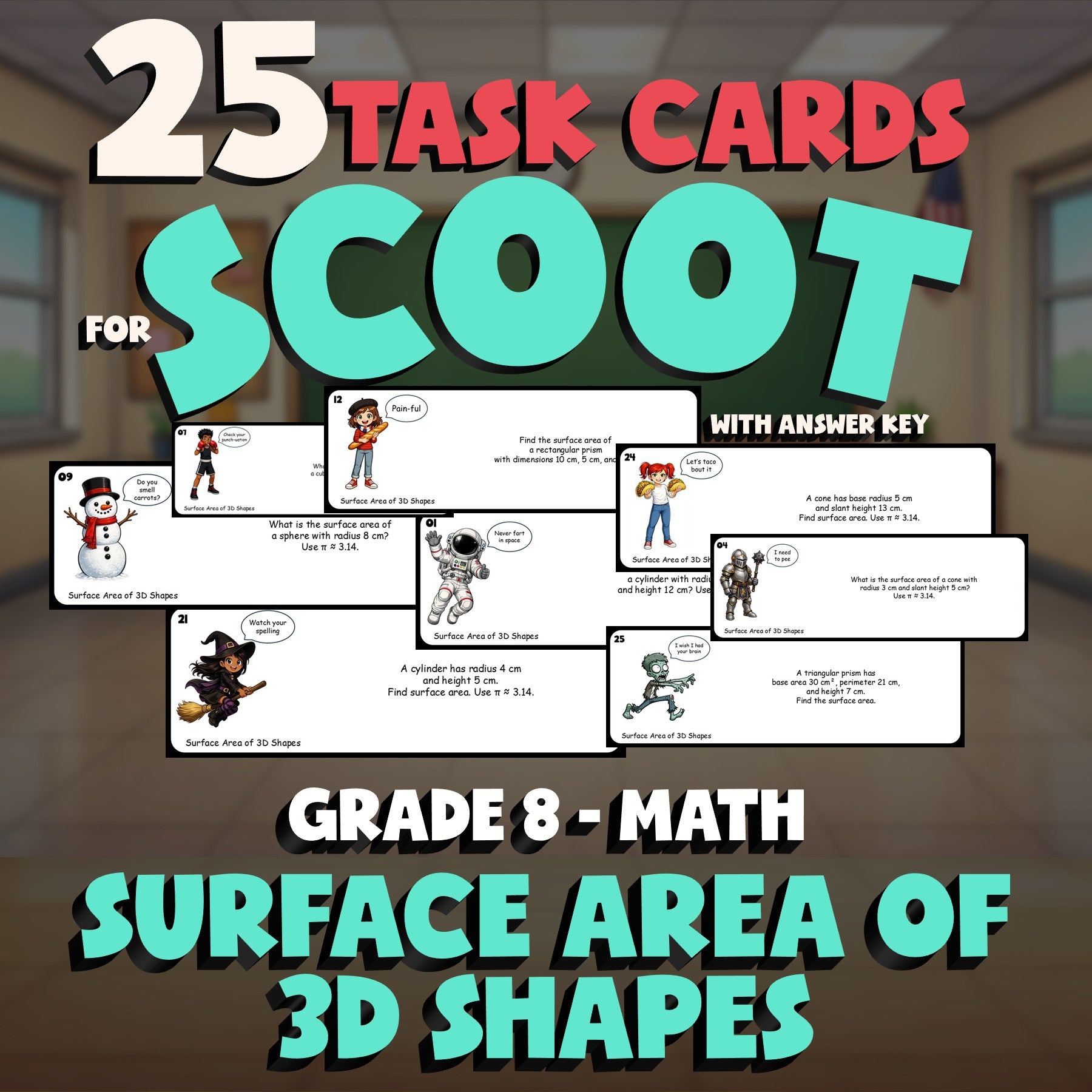 Surface Area of 3D Shapes SCOOT TASK CARDS Math Game - No Prep Grade 8 Review