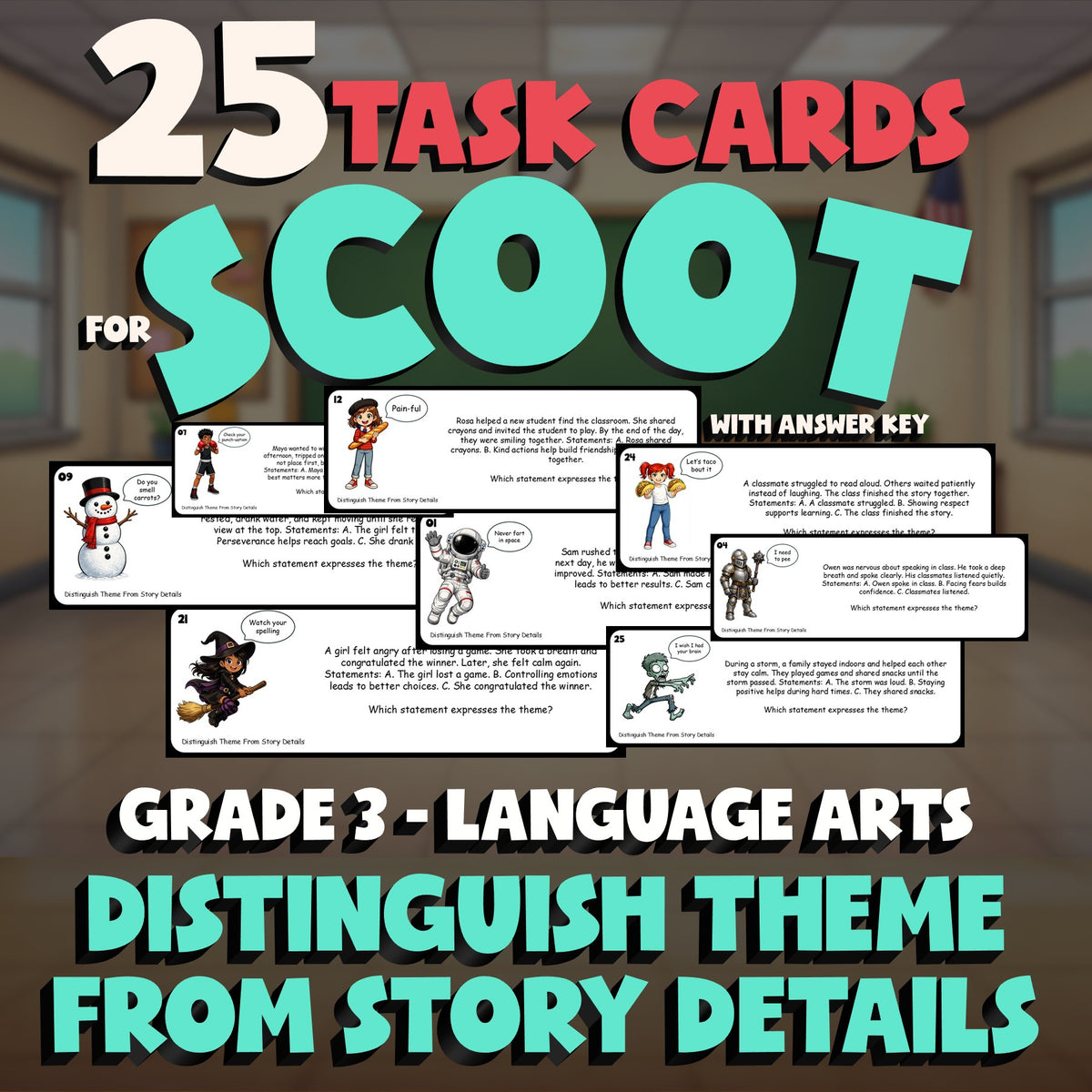 Distinguish Theme From Story Details SCOOT TASK CARDS ELA Game - No Prep Grade 3