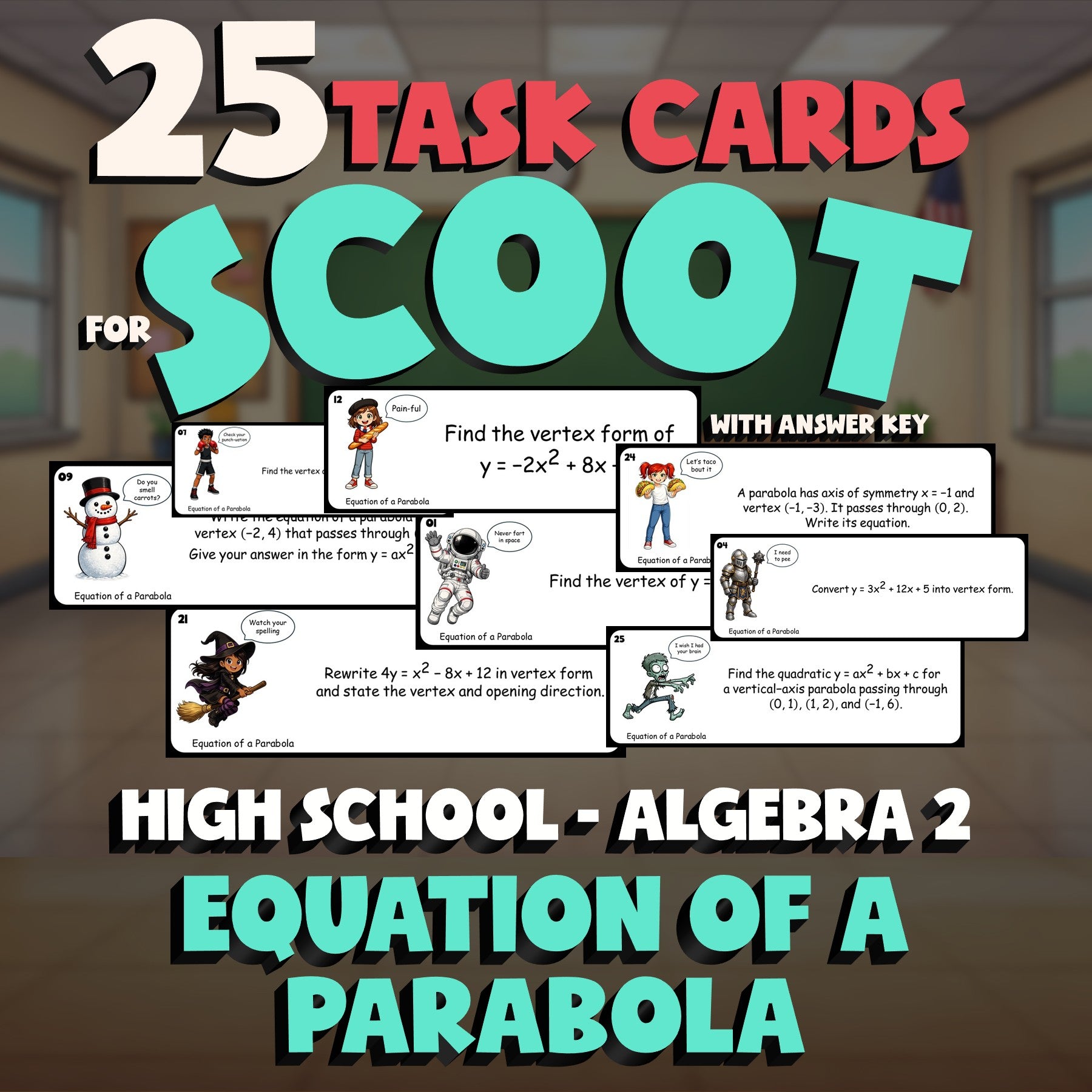 Equation of a Parabola SCOOT TASK CARDS Math Game - No Prep Algebra 2 Review