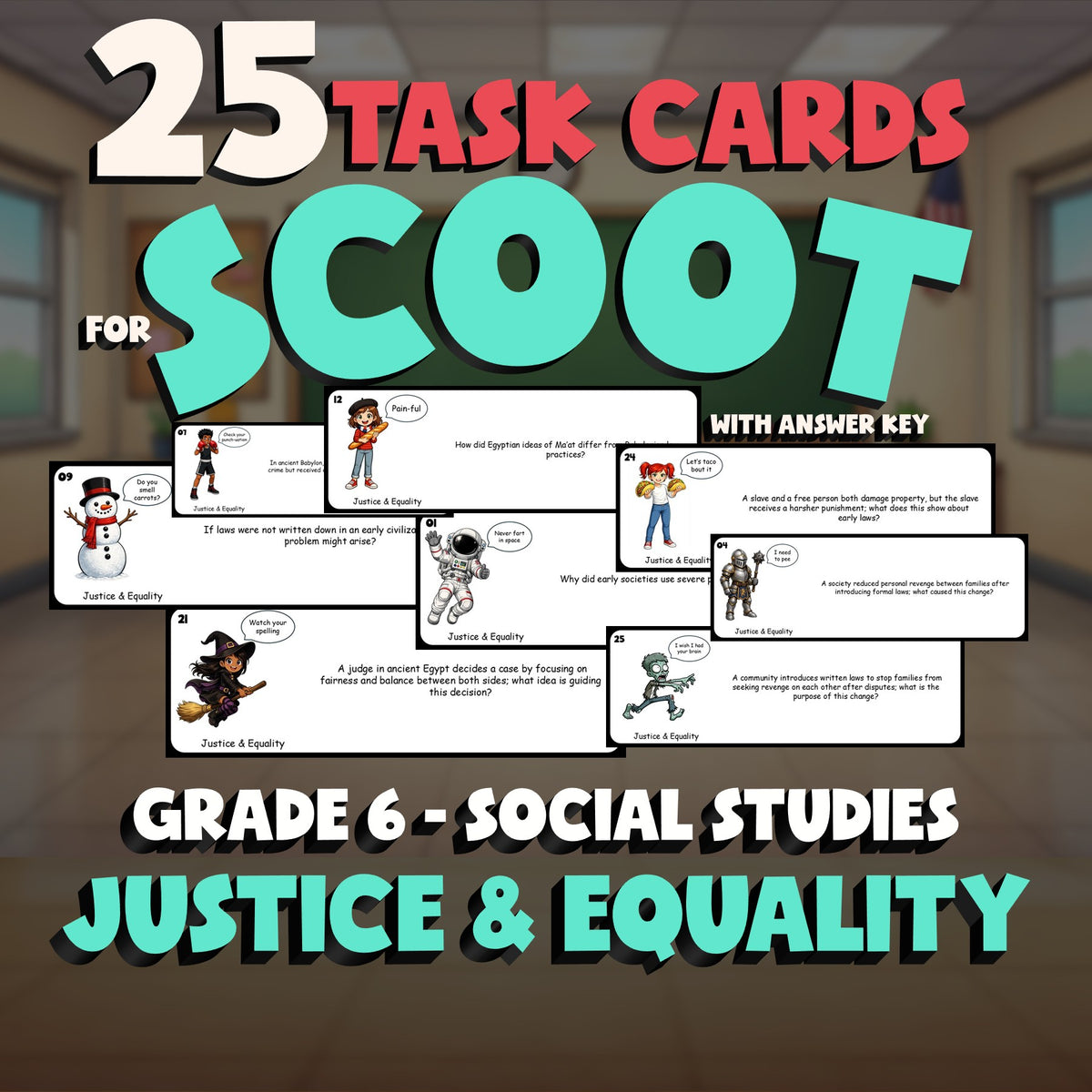 Justice & Equality SCOOT TASK CARDS Socials Game - No Prep Grade 6 Review