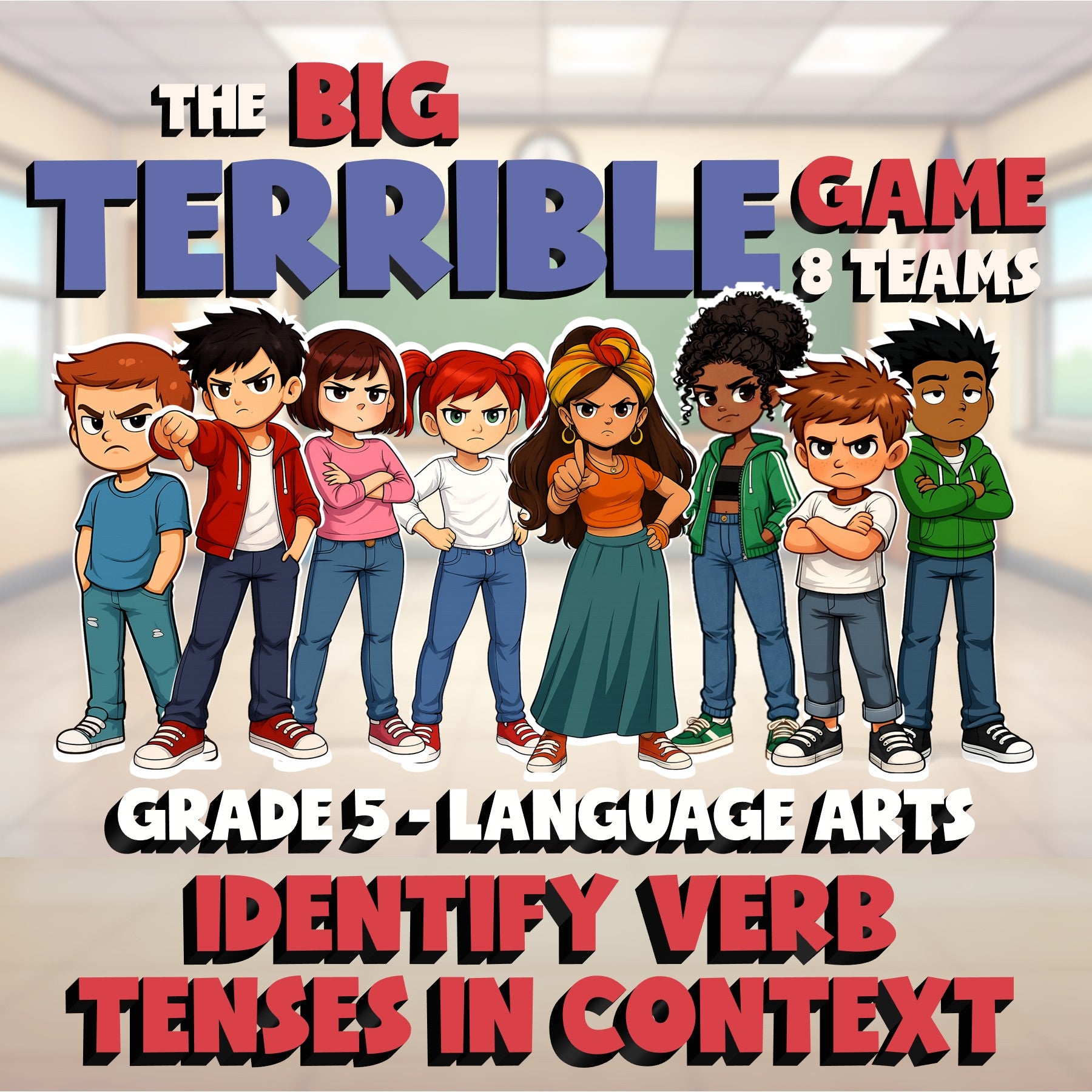 Identify Verb Tenses in Context BIG TERRIBLE GAME - No Prep Grade 5 ELA Review