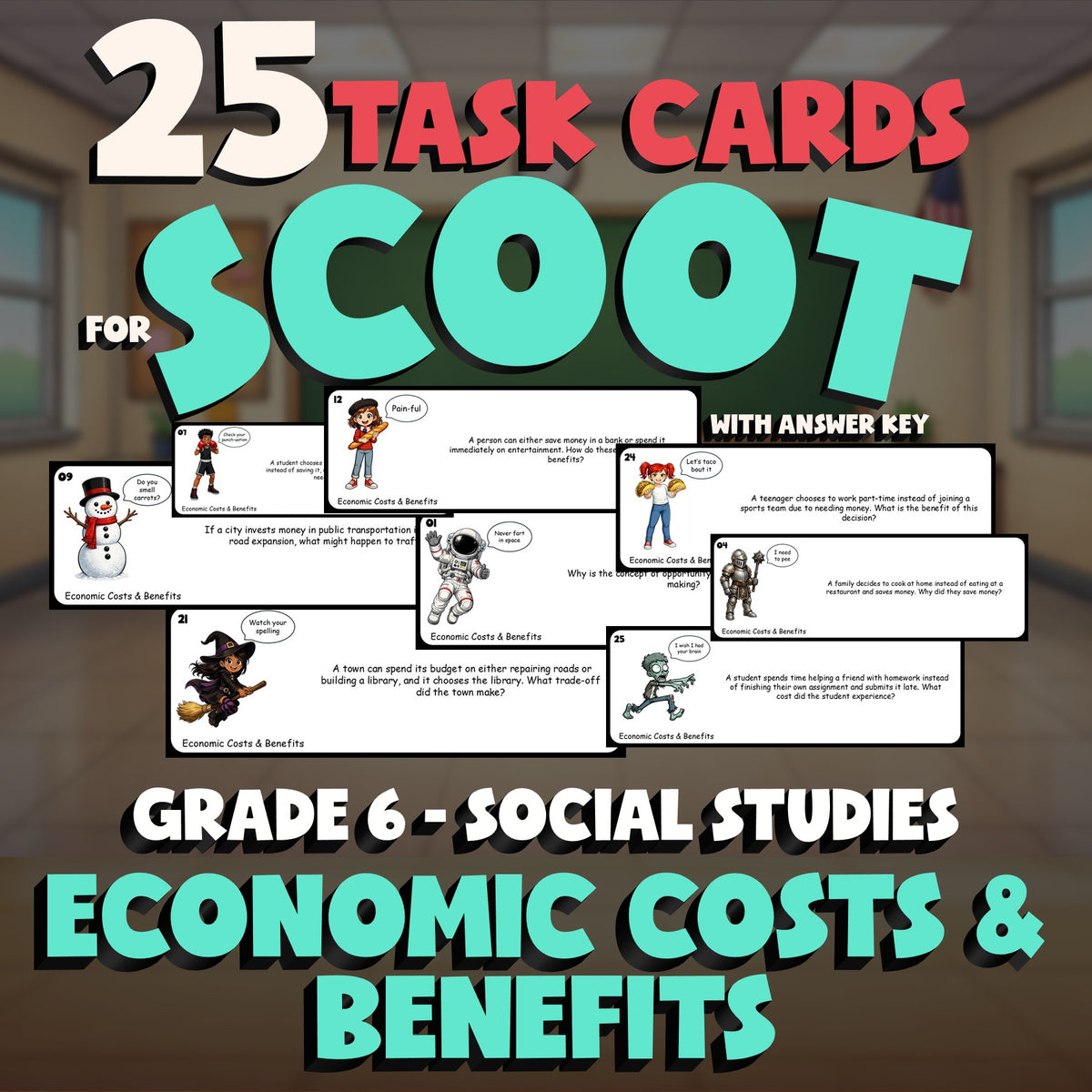 Economic Costs & Benefits SCOOT TASK CARDS Socials Game - No Prep Grade 6 Review