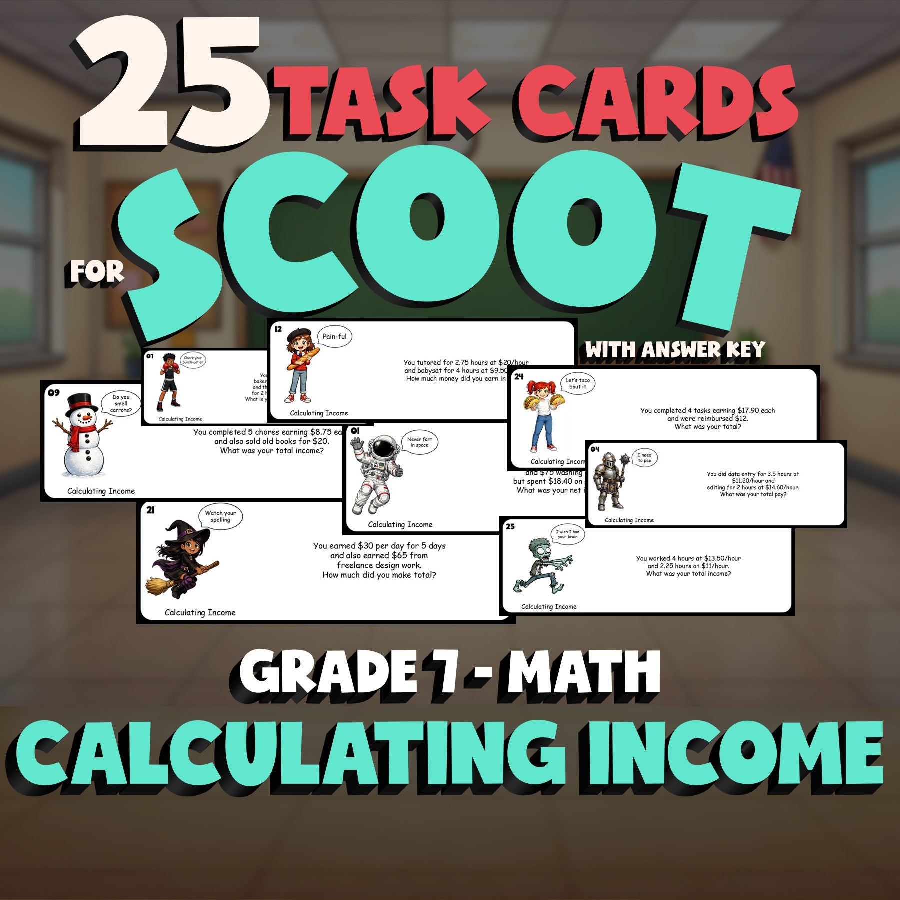 Calculating Income SCOOT TASK CARDS Math Game - No Prep Grade 7 Review Activity