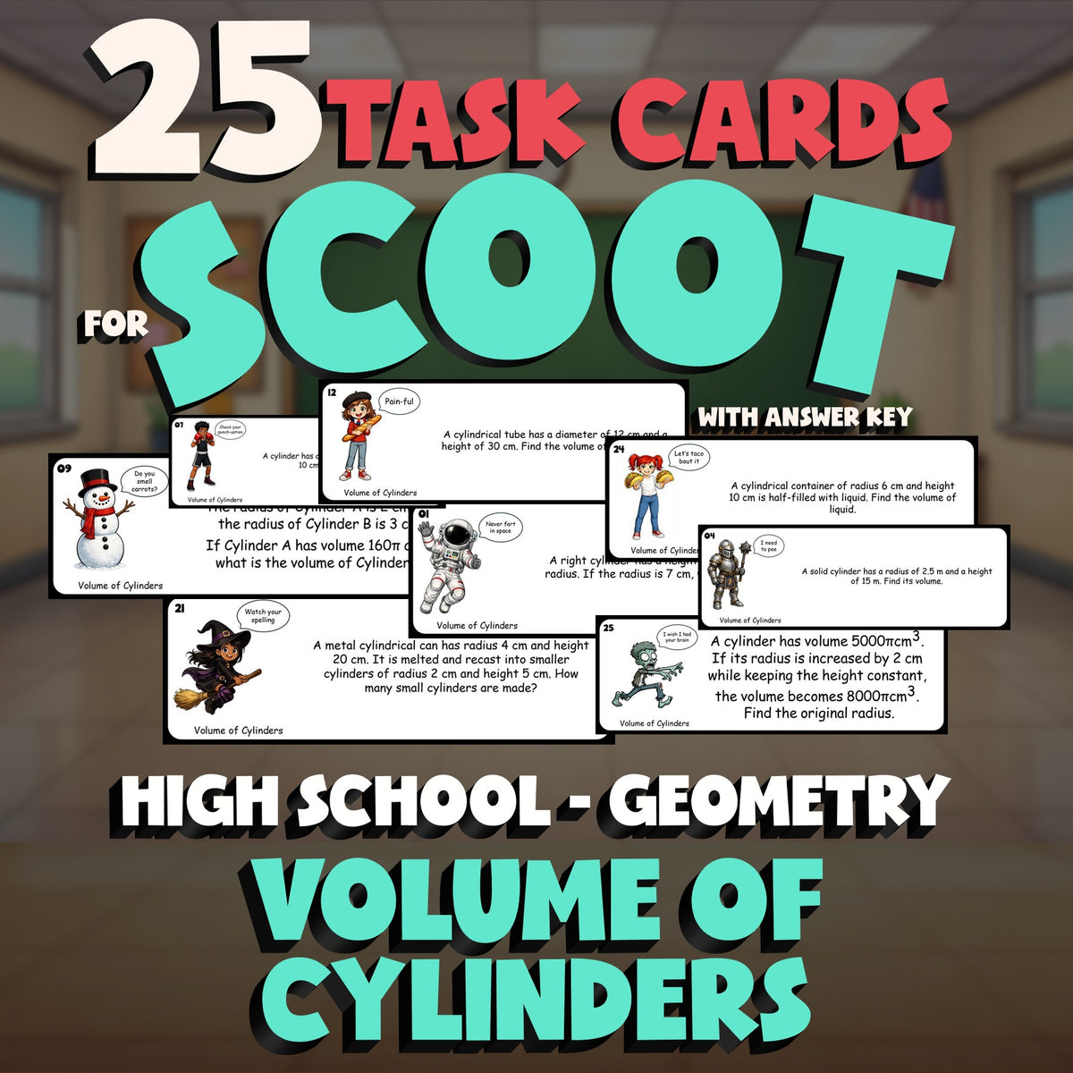 Volume of Cylinders SCOOT TASK CARDS Math Game - No Prep Geometry Review