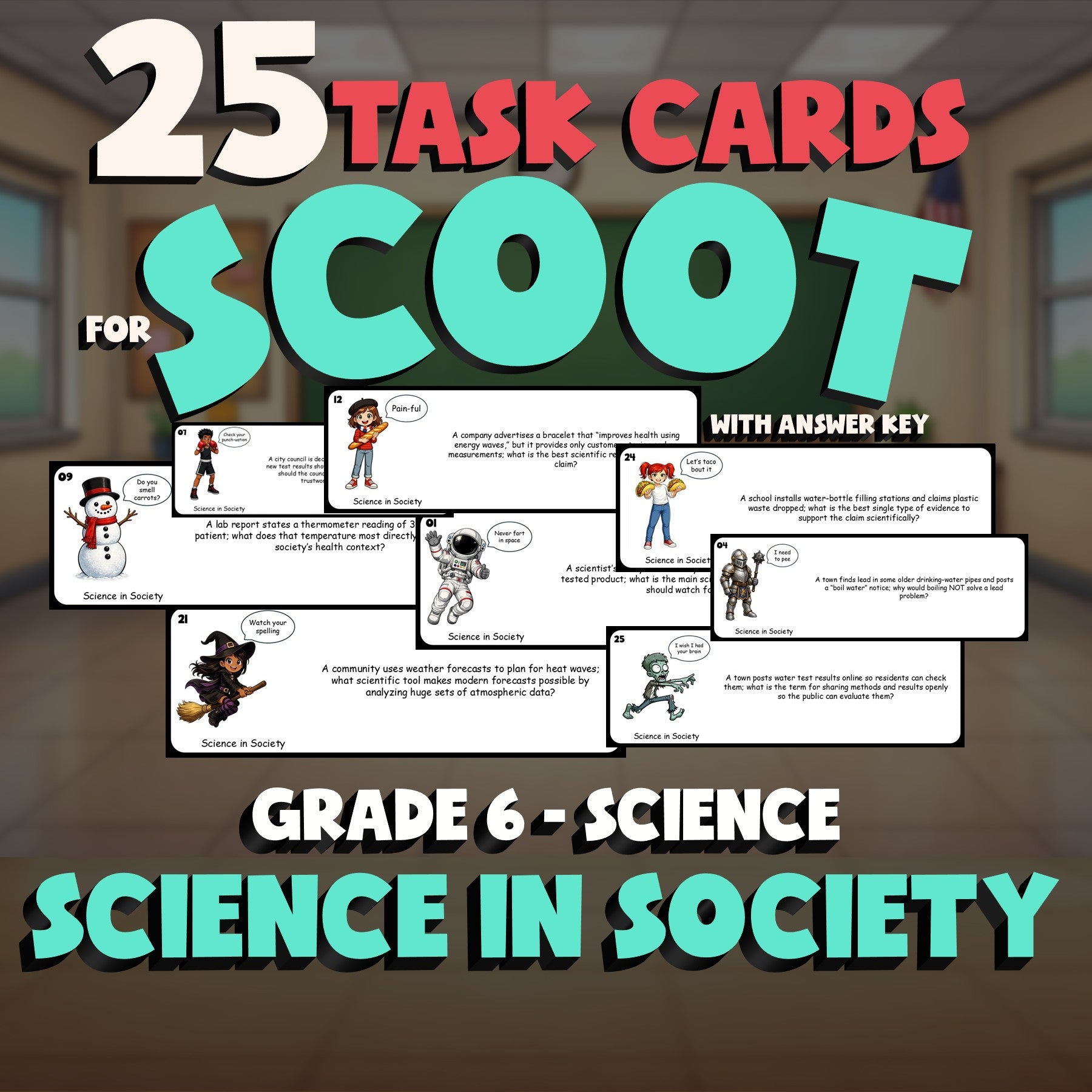 Science in Society SCOOT TASK CARDS Science Game - No Prep Grade 6 Review
