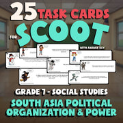 South Asia Political Organization & Power SCOOT TASK CARDS Socials Game Grade 7
