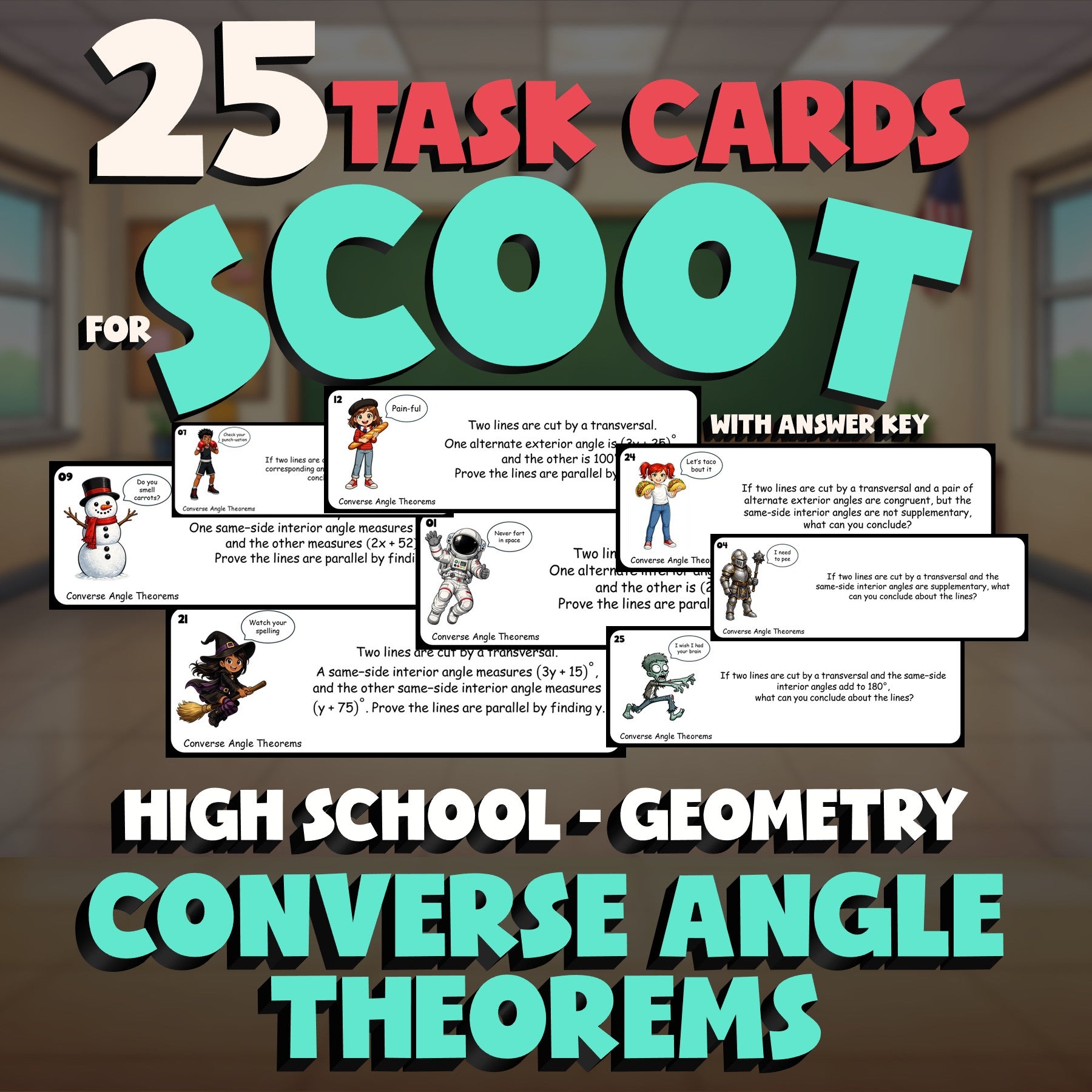 Converse Angle Theorems SCOOT TASK CARDS Math Game - No Prep Geometry Review