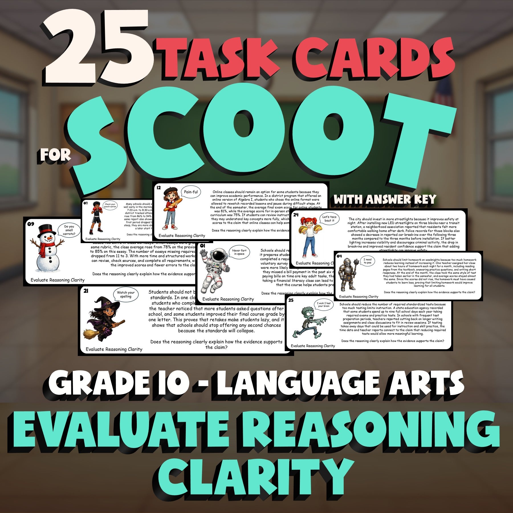Evaluate Reasoning Clarity SCOOT TASK CARDS ELA Game - No Prep Grade 10 Review