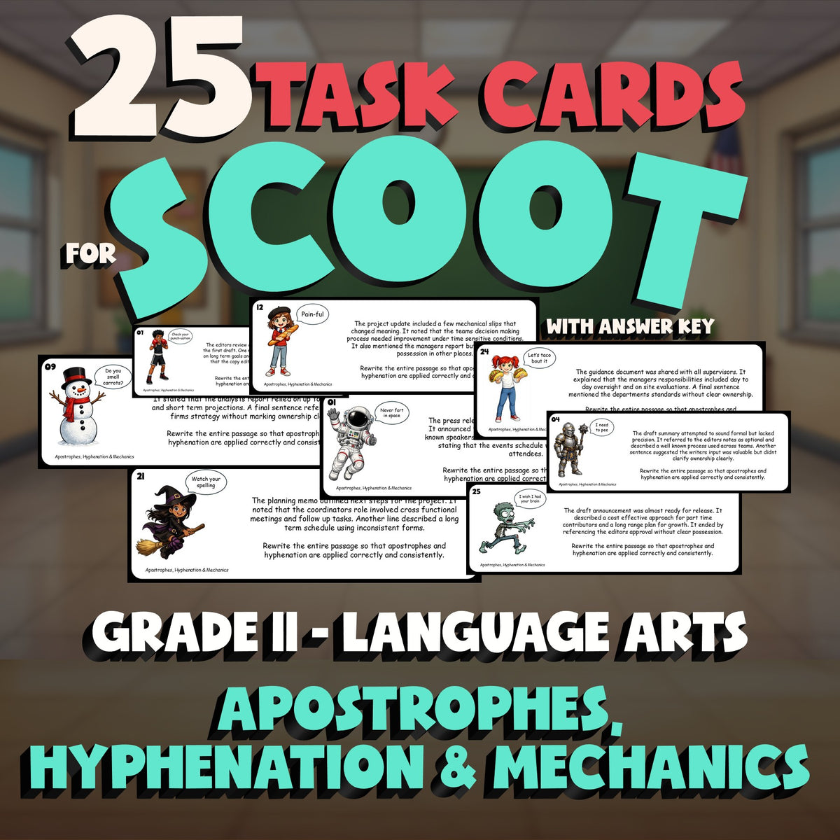 Apostrophes, Hyphenation & Mechanics SCOOT TASK CARDS ELA Game - Grade 11