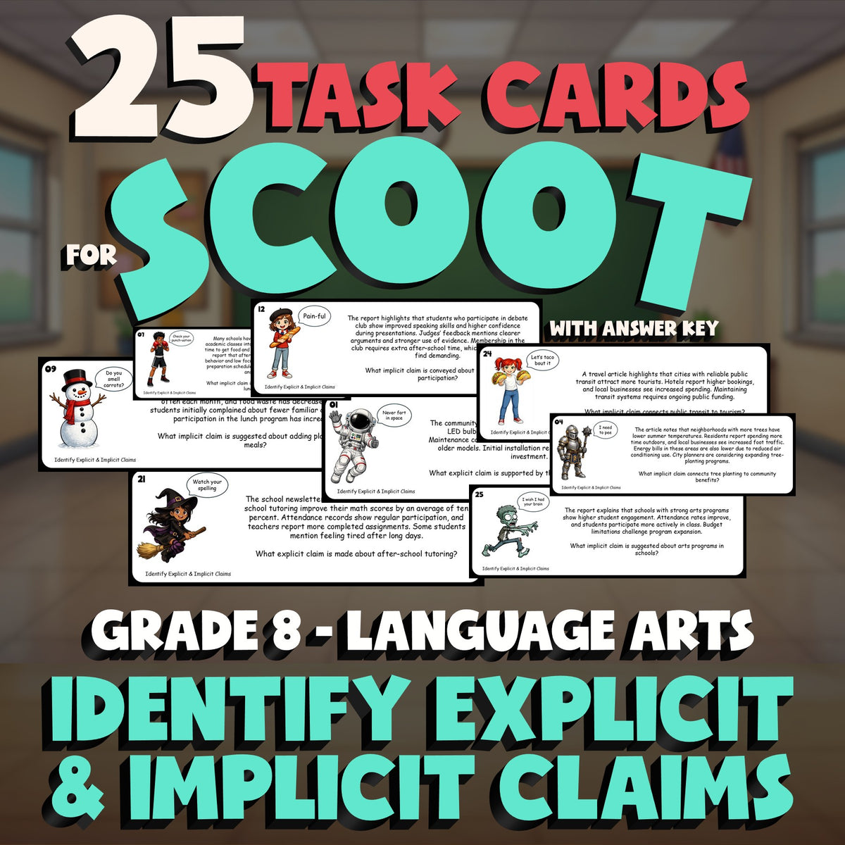 Identify Explicit & Implicit Claims SCOOT TASK CARDS ELA Game - No Prep Grade 8