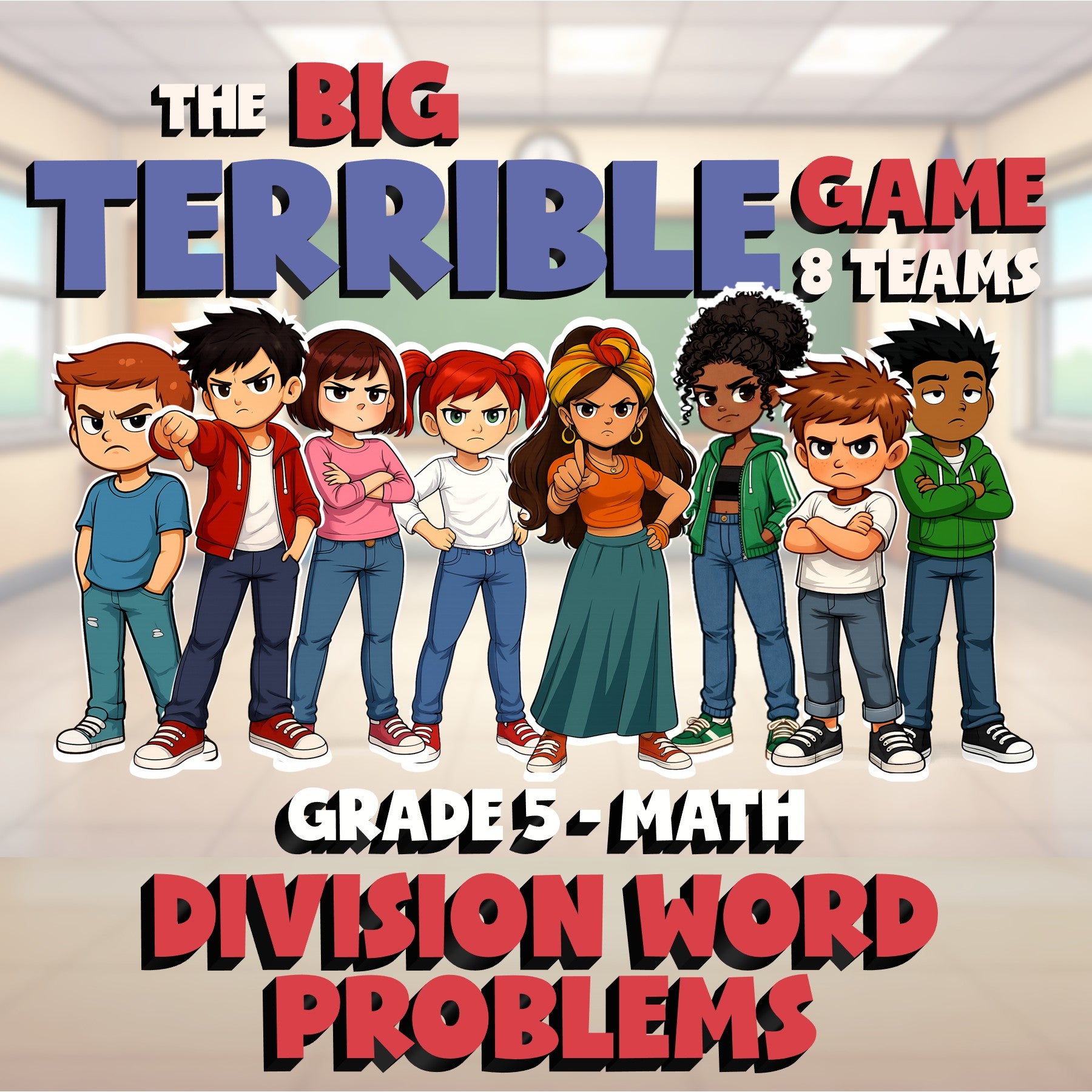 Division Word Problems BIG TERRIBLE GAME - No Prep Grade 5 Math Review Activity