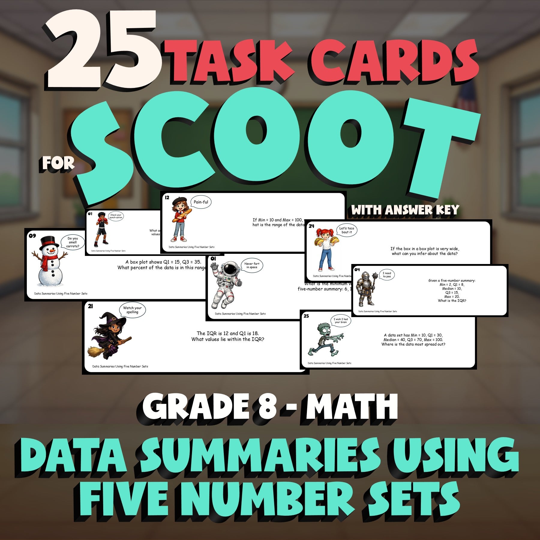 Data Summaries Using Five Number Sets SCOOT TASK CARDS Math Game - Grade 8