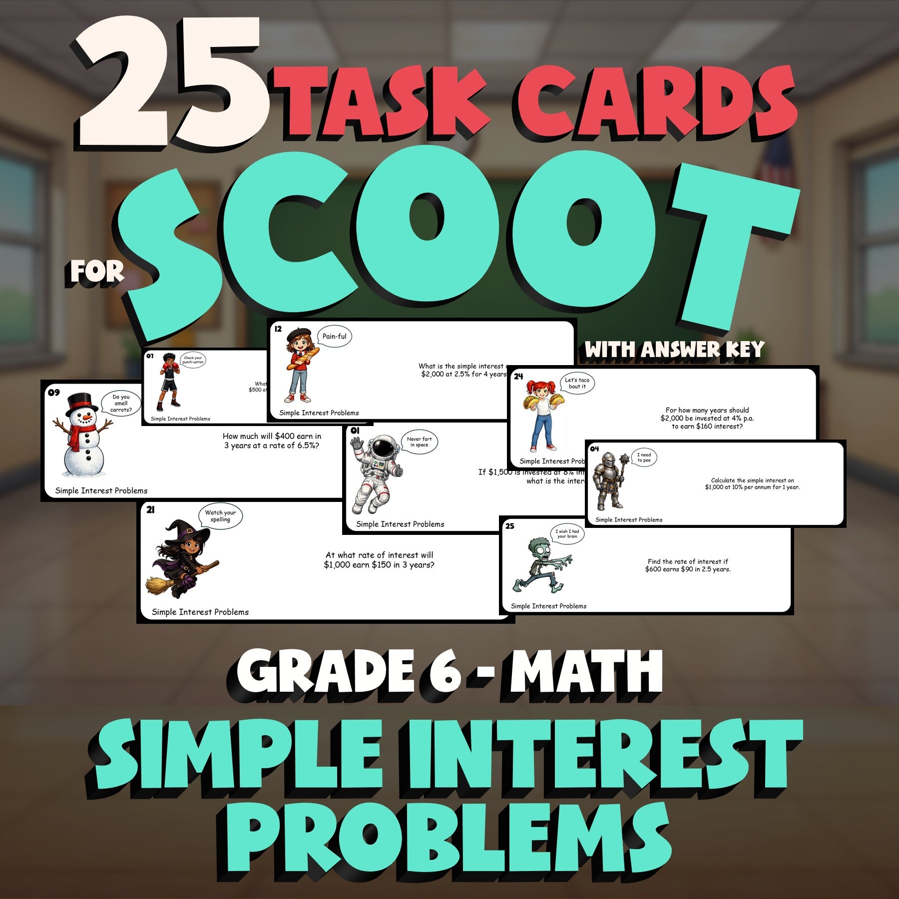Simple Interest Problems SCOOT TASK CARDS Math Game - No Prep Grade 6 Review