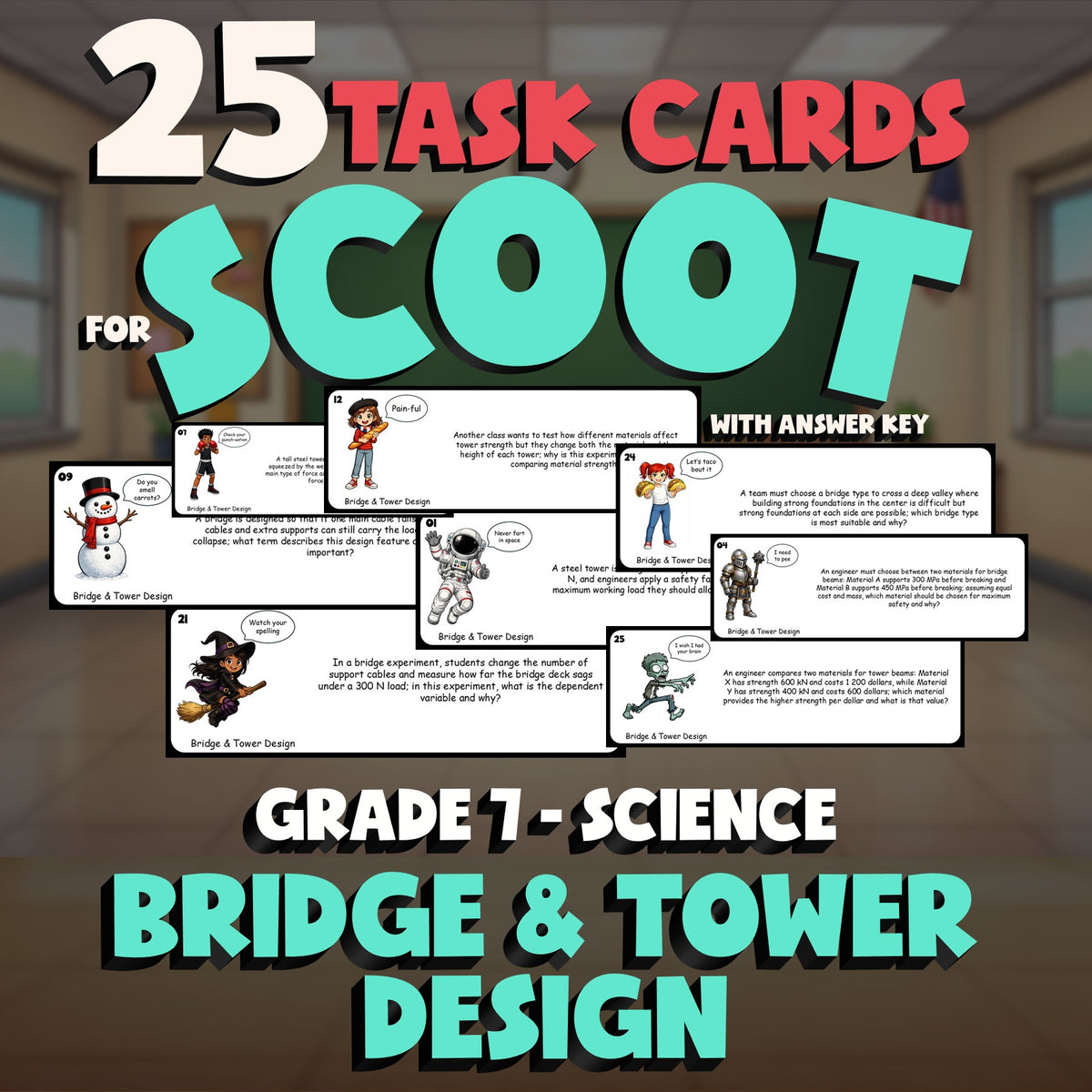 Bridge & Tower Design SCOOT TASK CARDS Science Game - No Prep Grade 7 Review