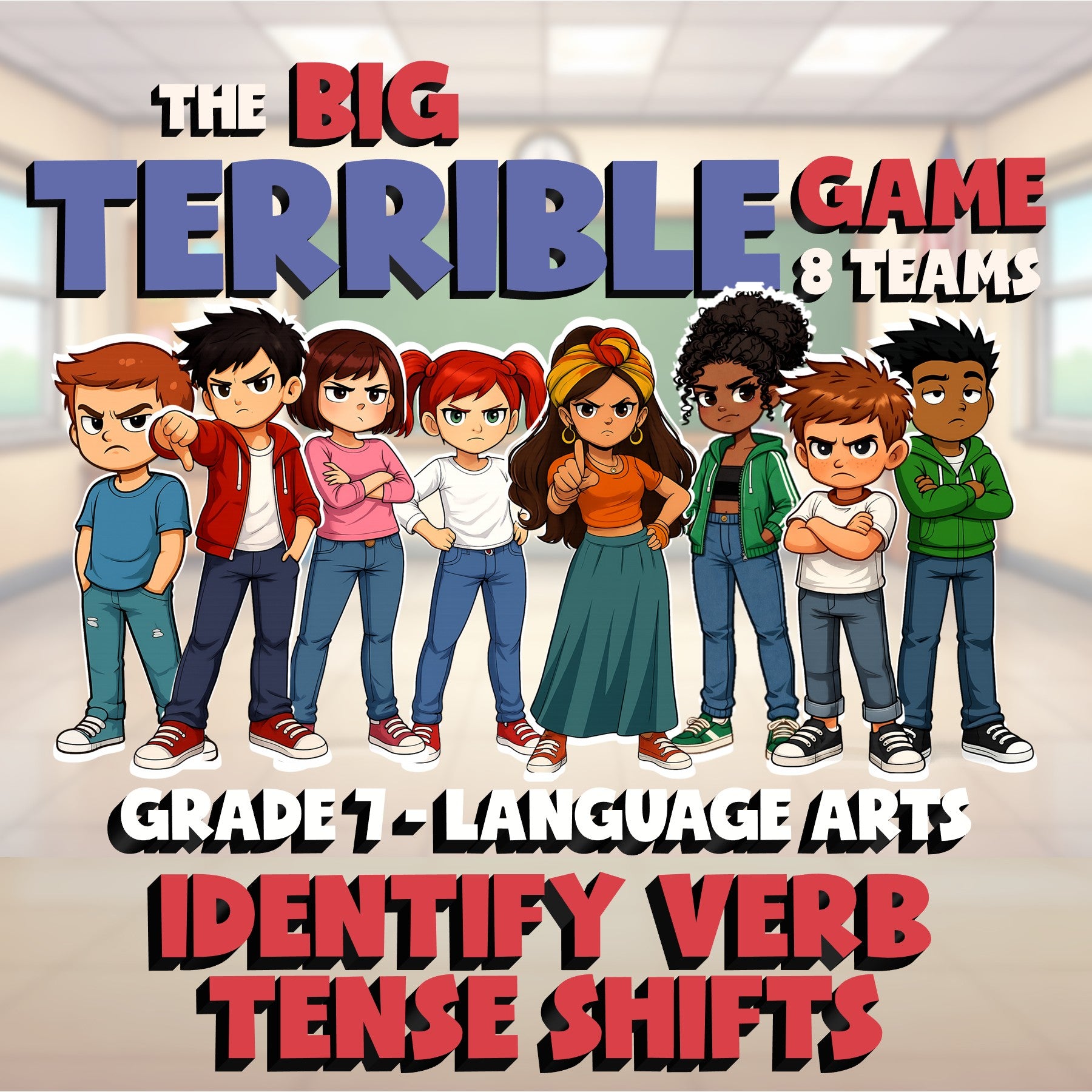 Identify Verb Tense Shifts BIG TERRIBLE GAME - No Prep Grade 7 ELA Review