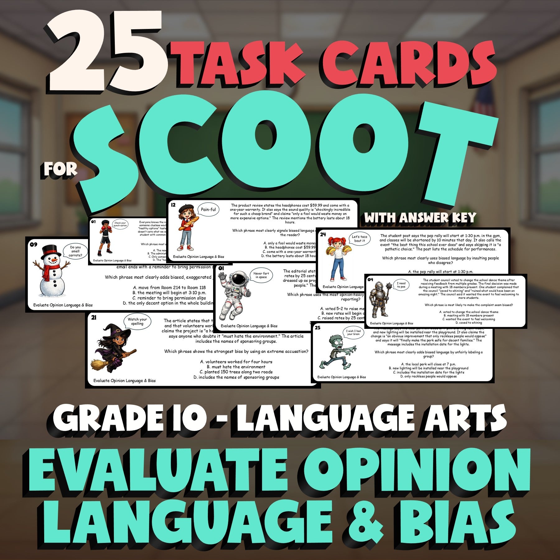 Evaluate Opinion Language & Bias SCOOT TASK CARDS ELA Game - No Prep Grade 10