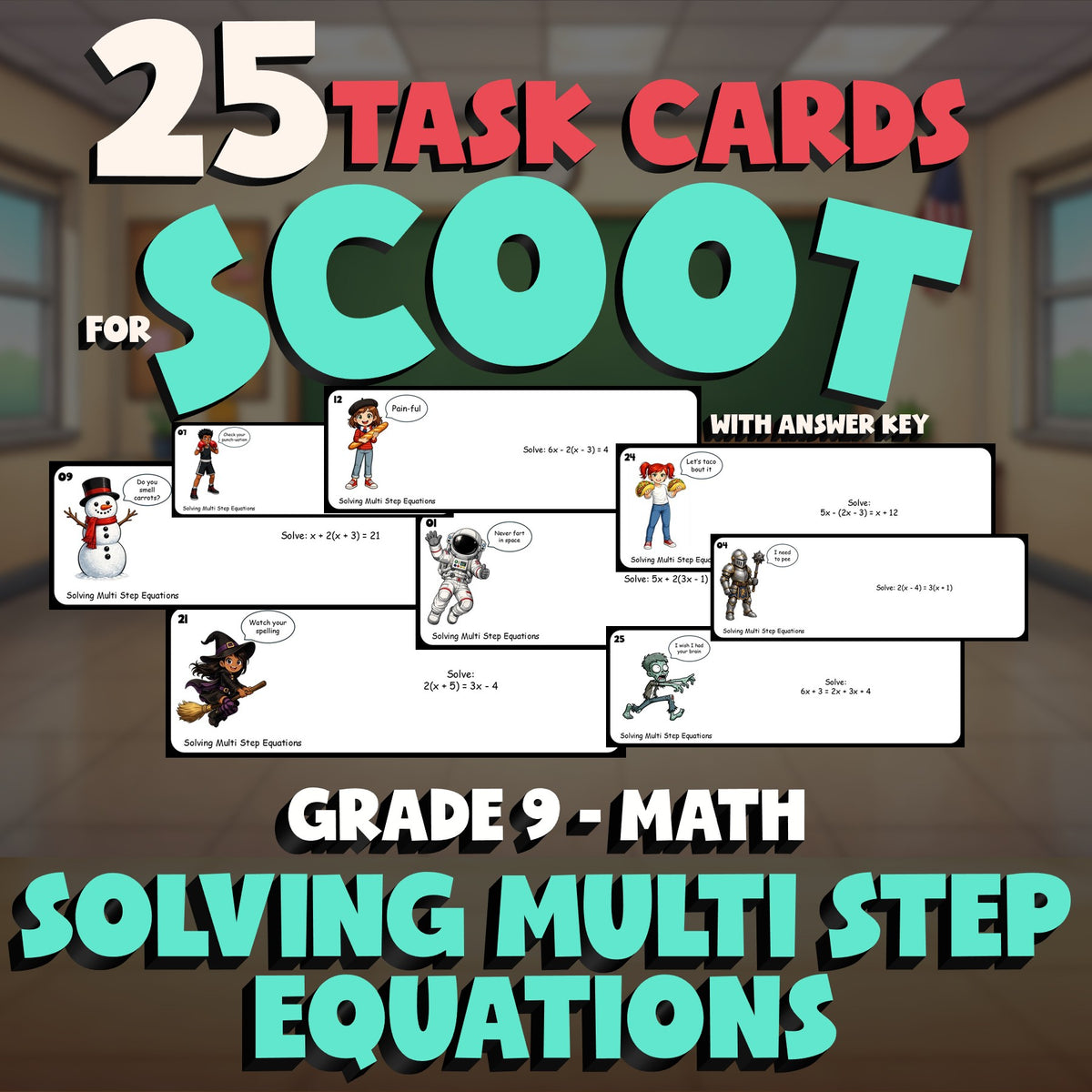 Solving Multi Step Equations SCOOT TASK CARDS Math Game - No Prep Grade 9 Review