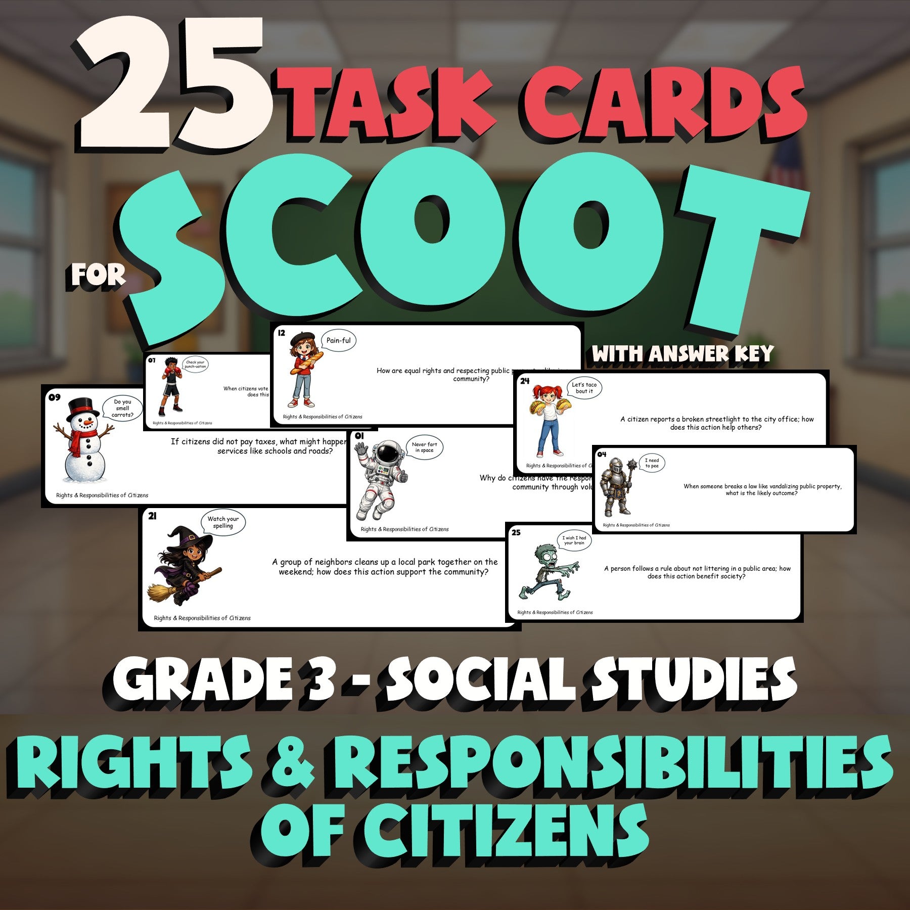 Rights & Responsibilities of Citizens SCOOT TASK CARDS Socials Game - Grade 3