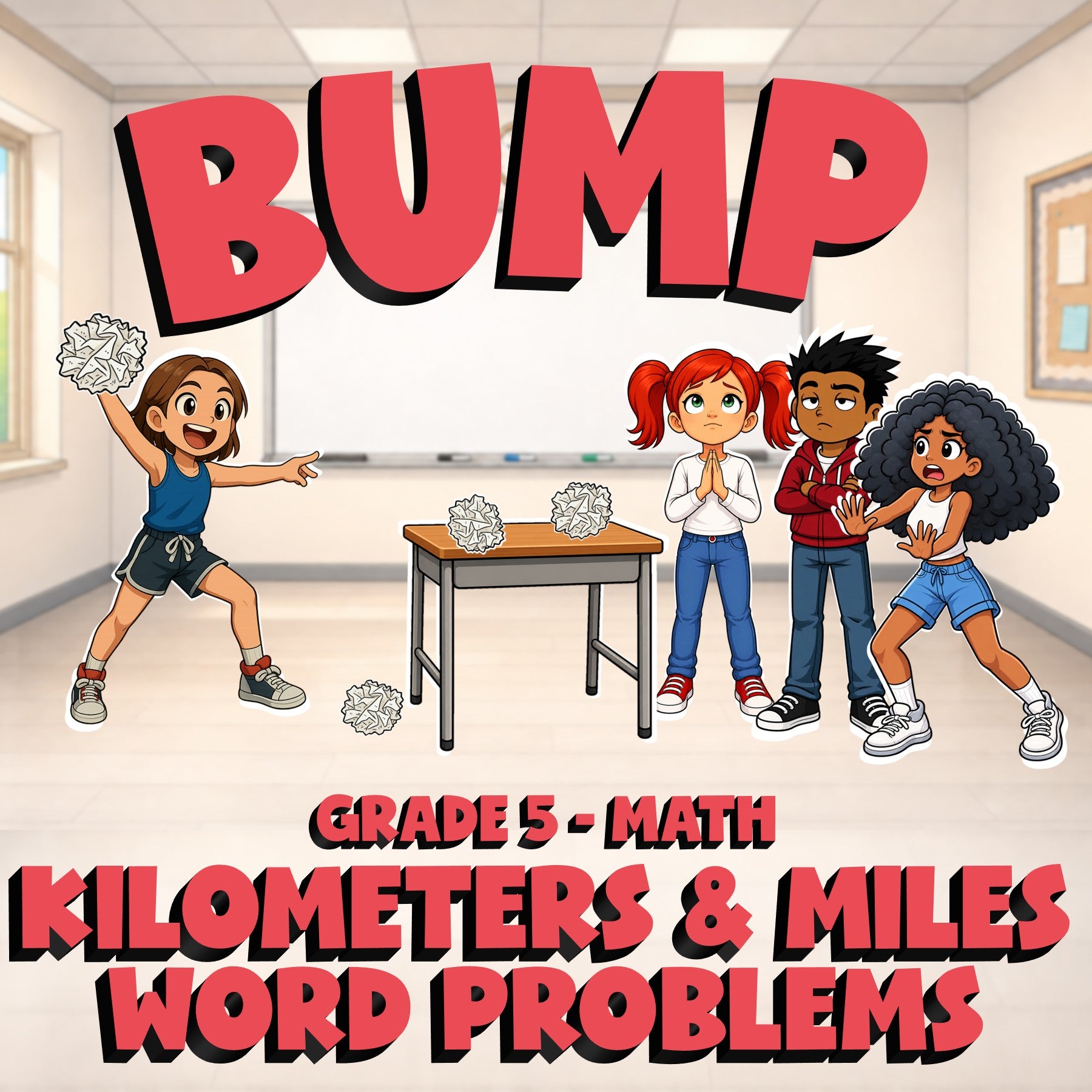 Kilometers & Miles Word Problems BUMP Math Game - No Prep Grade 5 Review