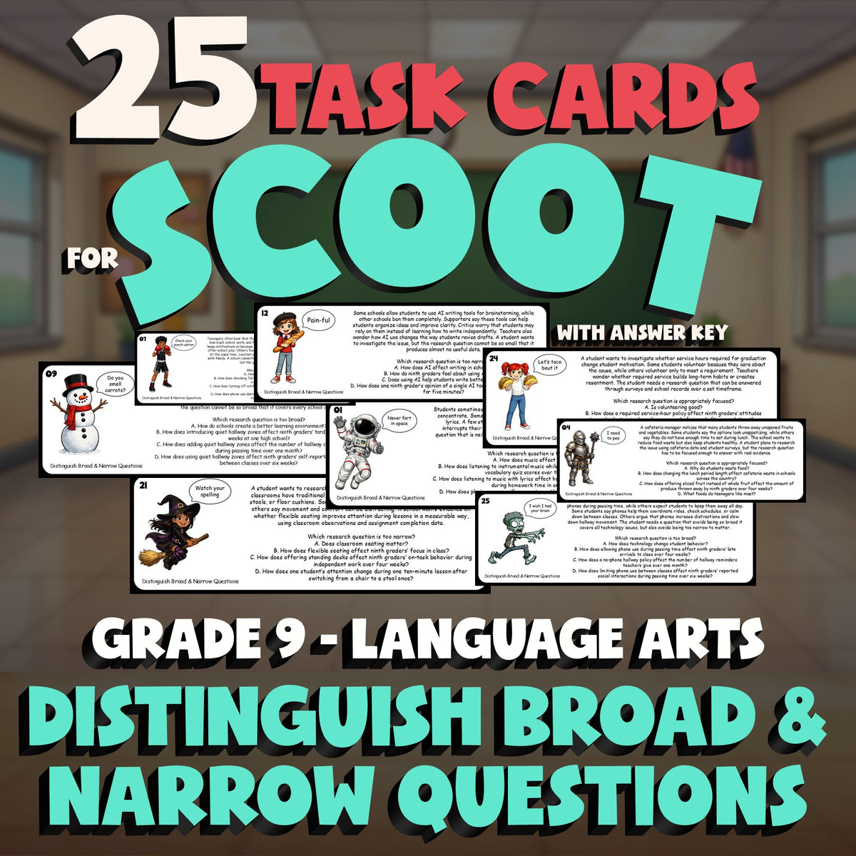 Distinguish Broad & Narrow Questions SCOOT TASK CARDS ELA Game - No Prep Grade 9