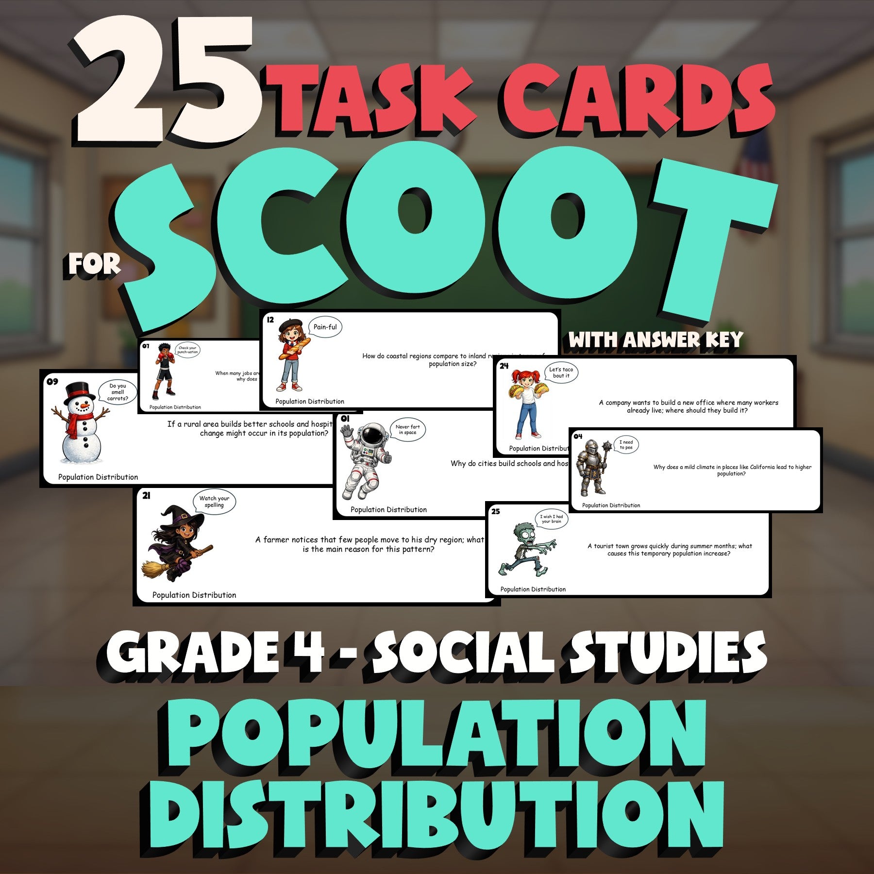 Population Distribution SCOOT TASK CARDS Socials Game - No Prep Grade 4 Review