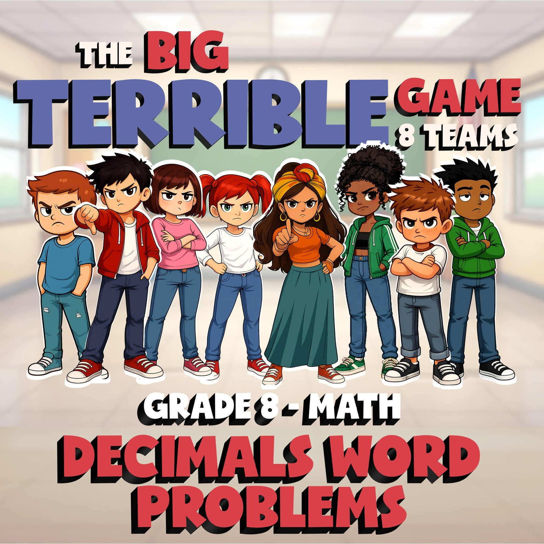 Decimals Word Problems BIG TERRIBLE GAME - No Prep Grade 8 Math Review Activity