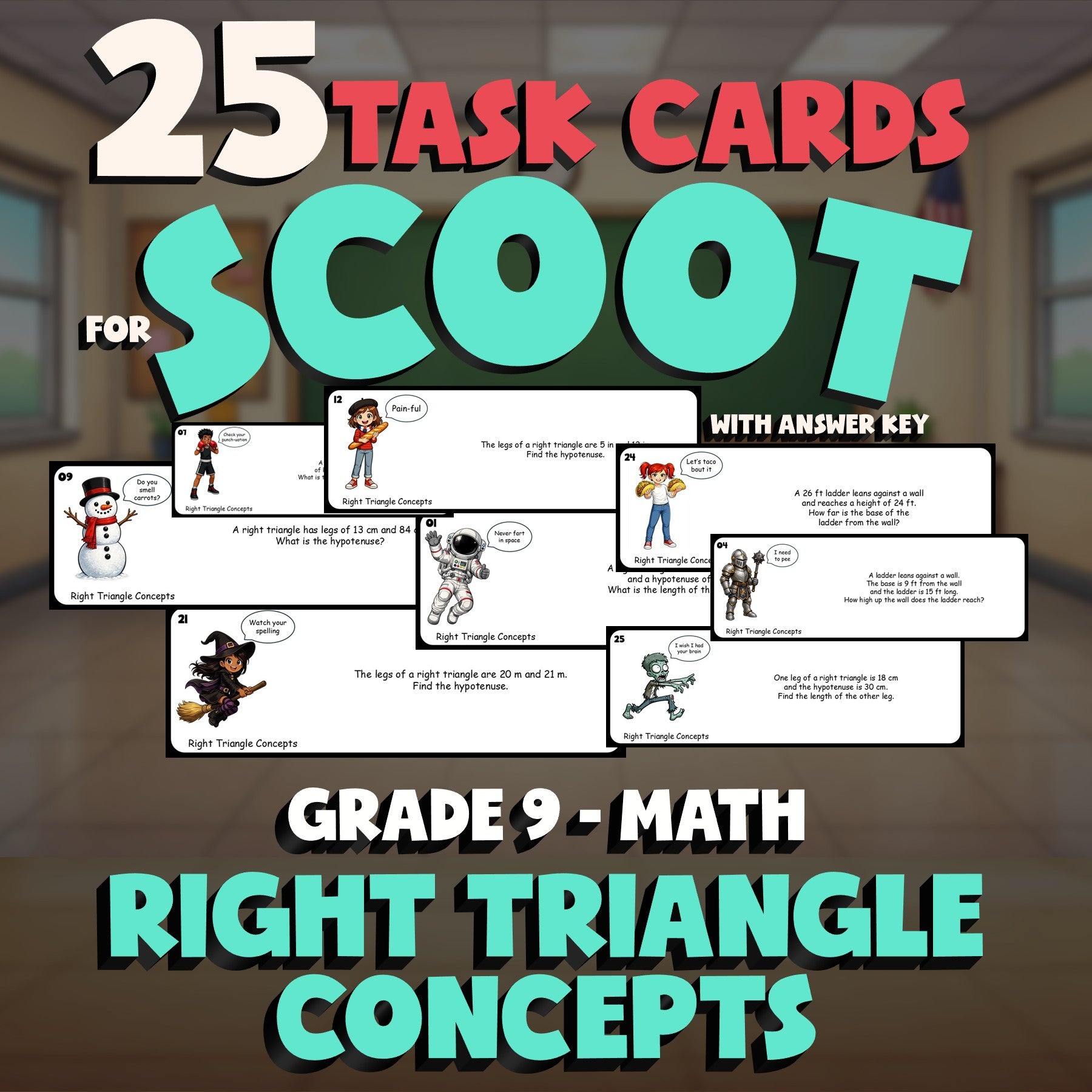 Right Triangle Concepts SCOOT TASK CARDS Math Game - No Prep Grade 9 Review