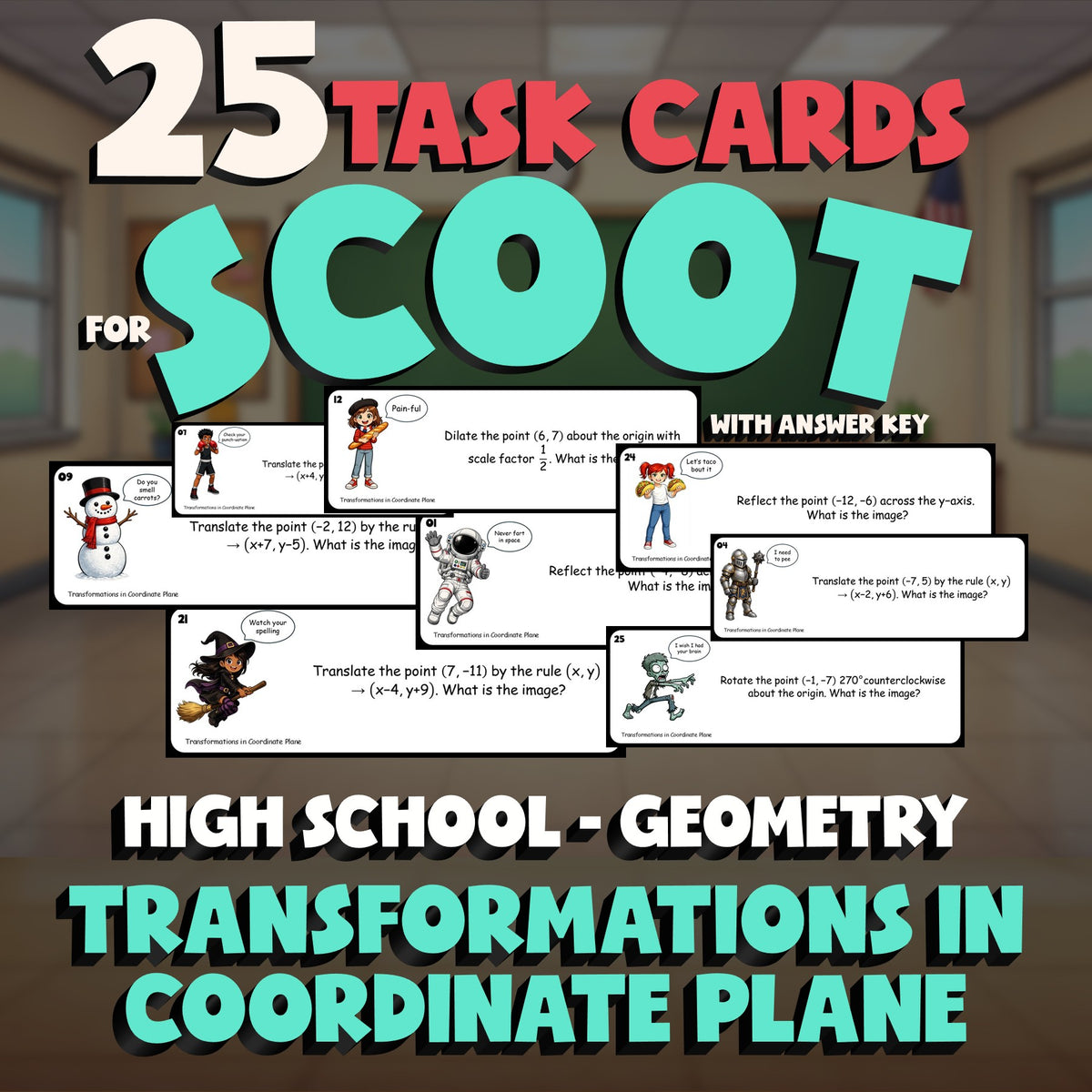 Transformations in Coordinate Plane SCOOT TASK CARDS Math Game - Geometry