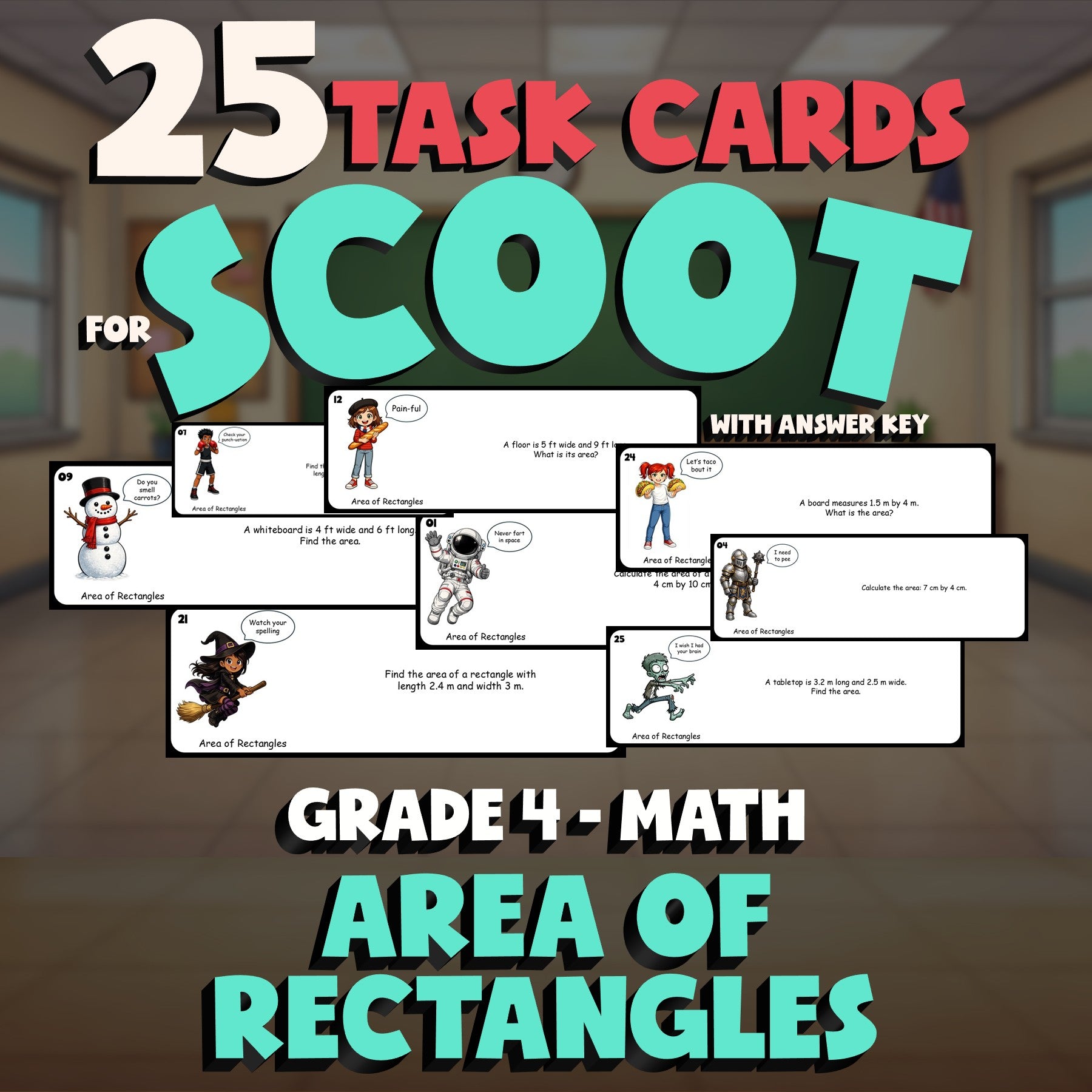 Area of Rectangles SCOOT TASK CARDS Math Game - No Prep Grade 4 Review Activity