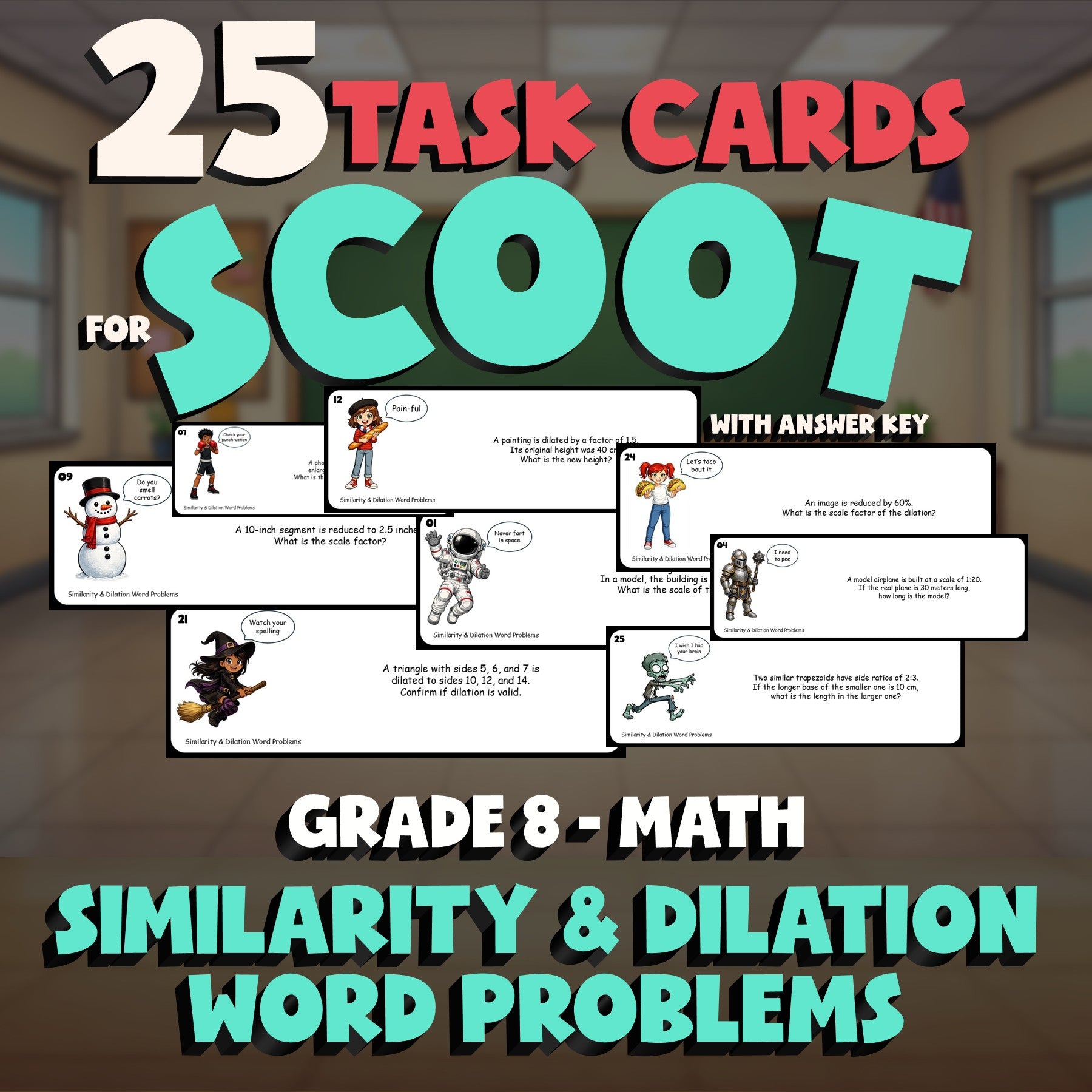 Similarity & Dilation Word Problems SCOOT TASK CARDS Math Game - No Prep Grade 8