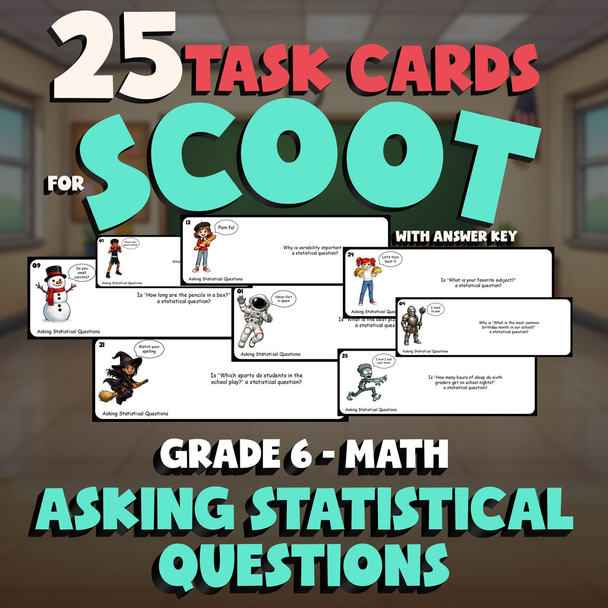 Asking Statistical Questions SCOOT TASK CARDS Math Game - No Prep Grade 6 Review