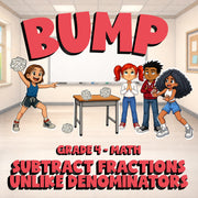 Subtract Fractions  Unlike Denominators BUMP Math Game - No Prep Grade 4 Review