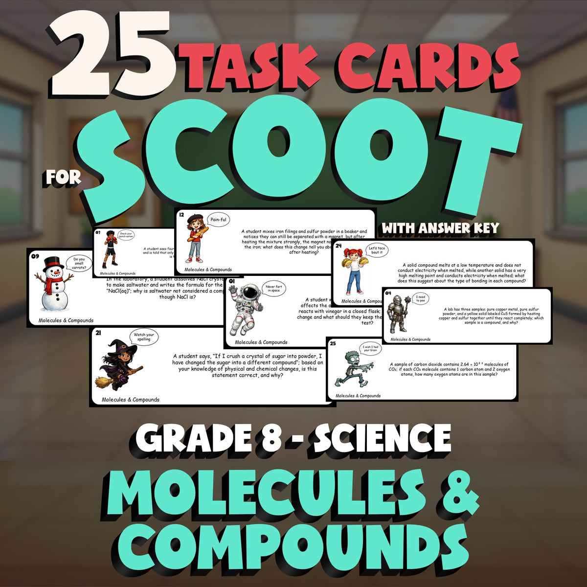Molecules & Compounds SCOOT TASK CARDS Science Game - No Prep Grade 8 Review