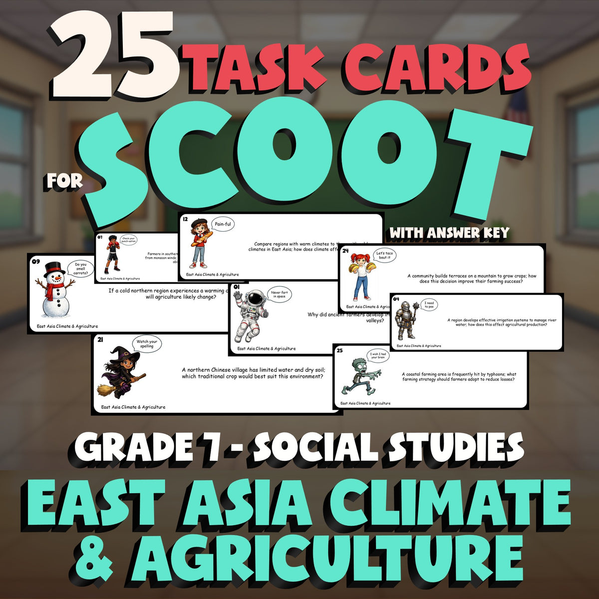 East Asia Climate & Agriculture SCOOT TASK CARDS Socials Game - No Prep Grade 7