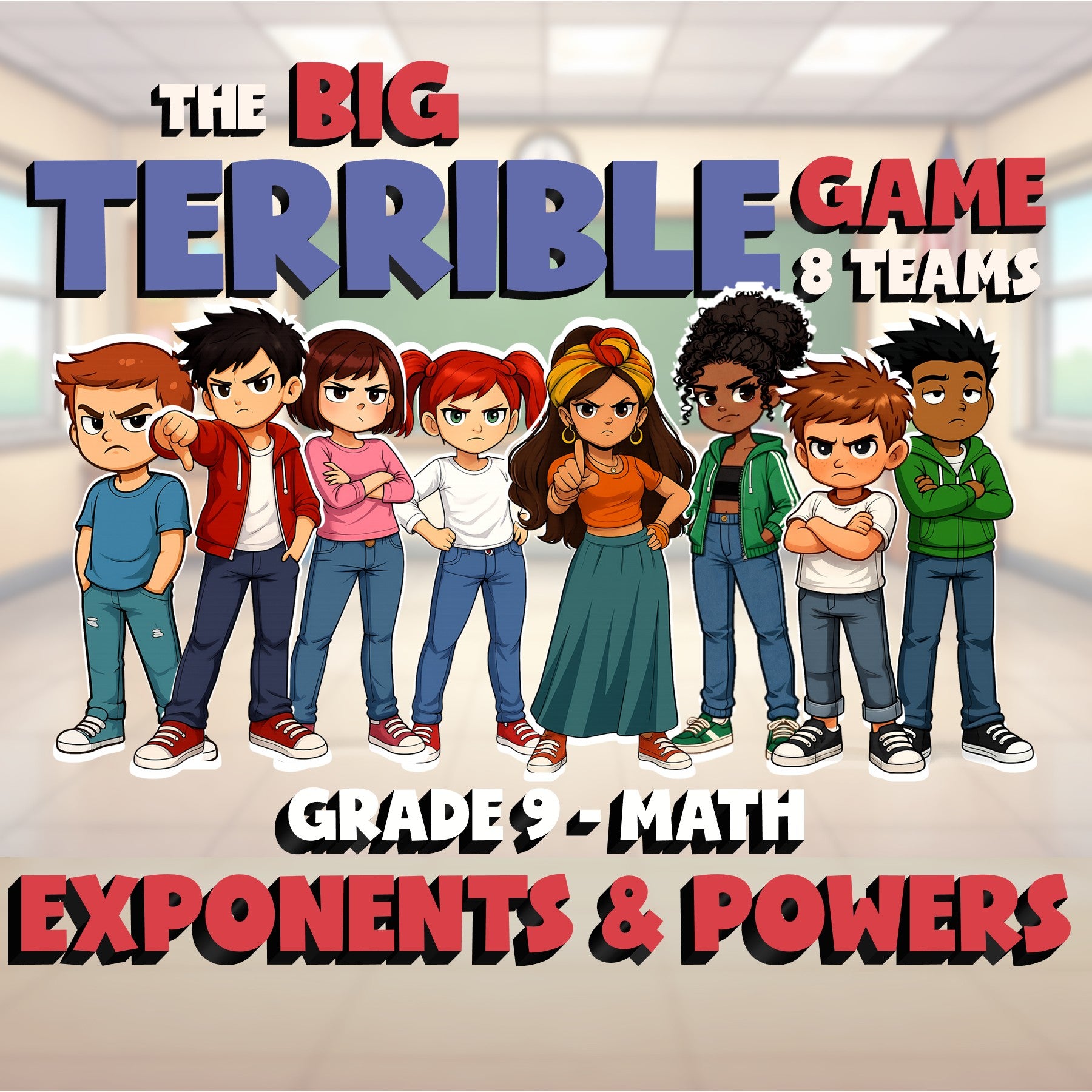 Exponents & Powers BIG TERRIBLE GAME - No Prep Grade 9 Math Review Activity