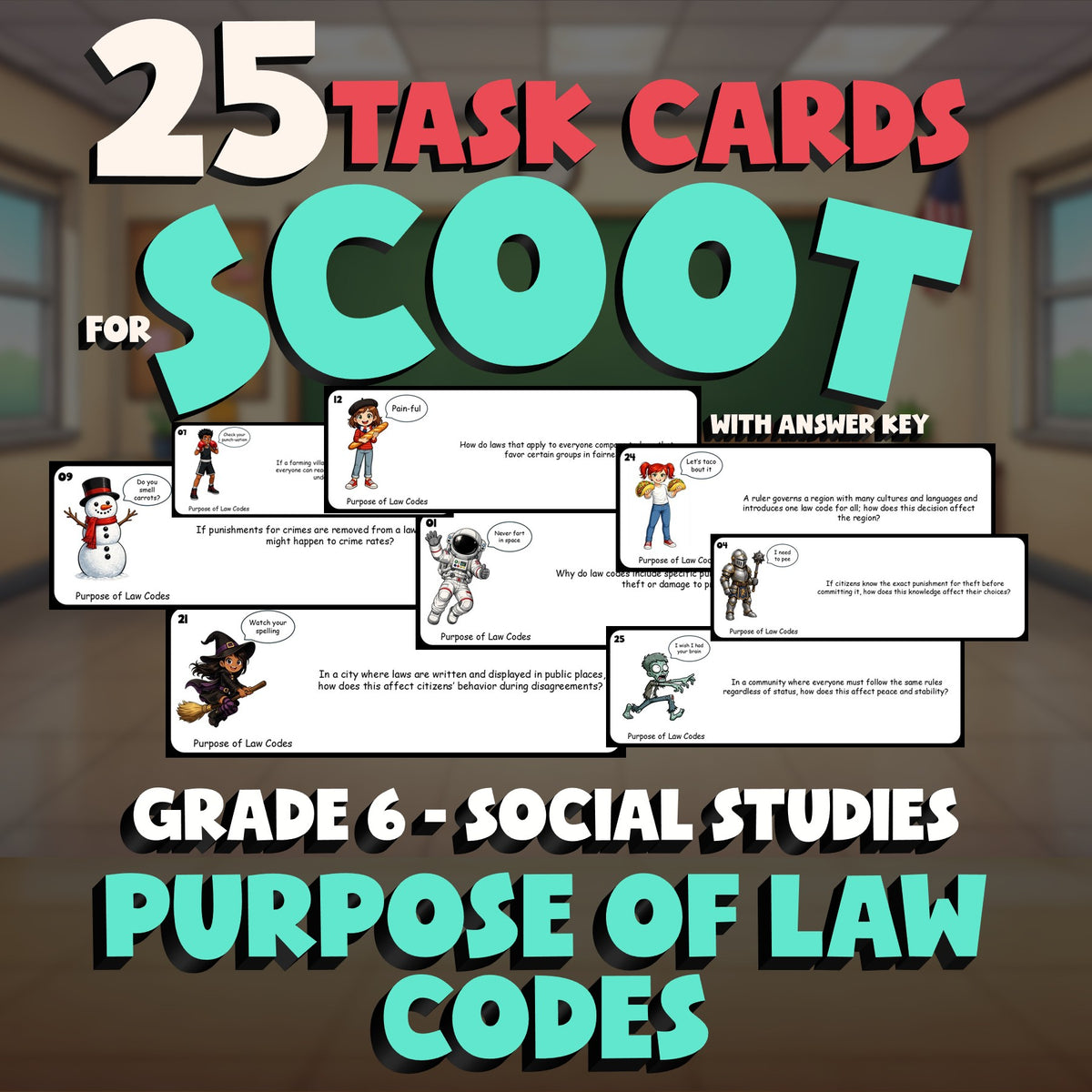Purpose of Law Codes SCOOT TASK CARDS Socials Game - No Prep Grade 6 Review