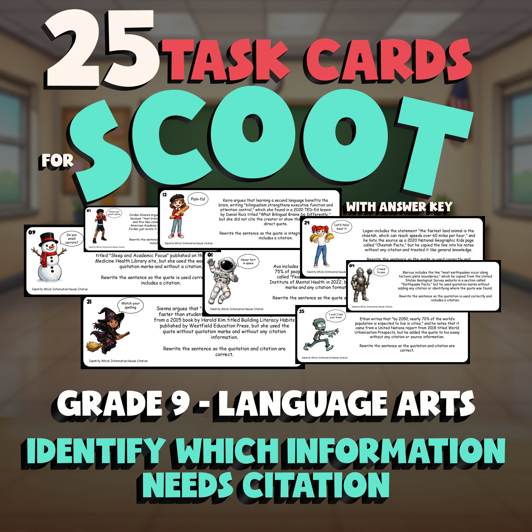 Identify Which Information Needs Citation SCOOT TASK CARDS ELA Game - Grade 9