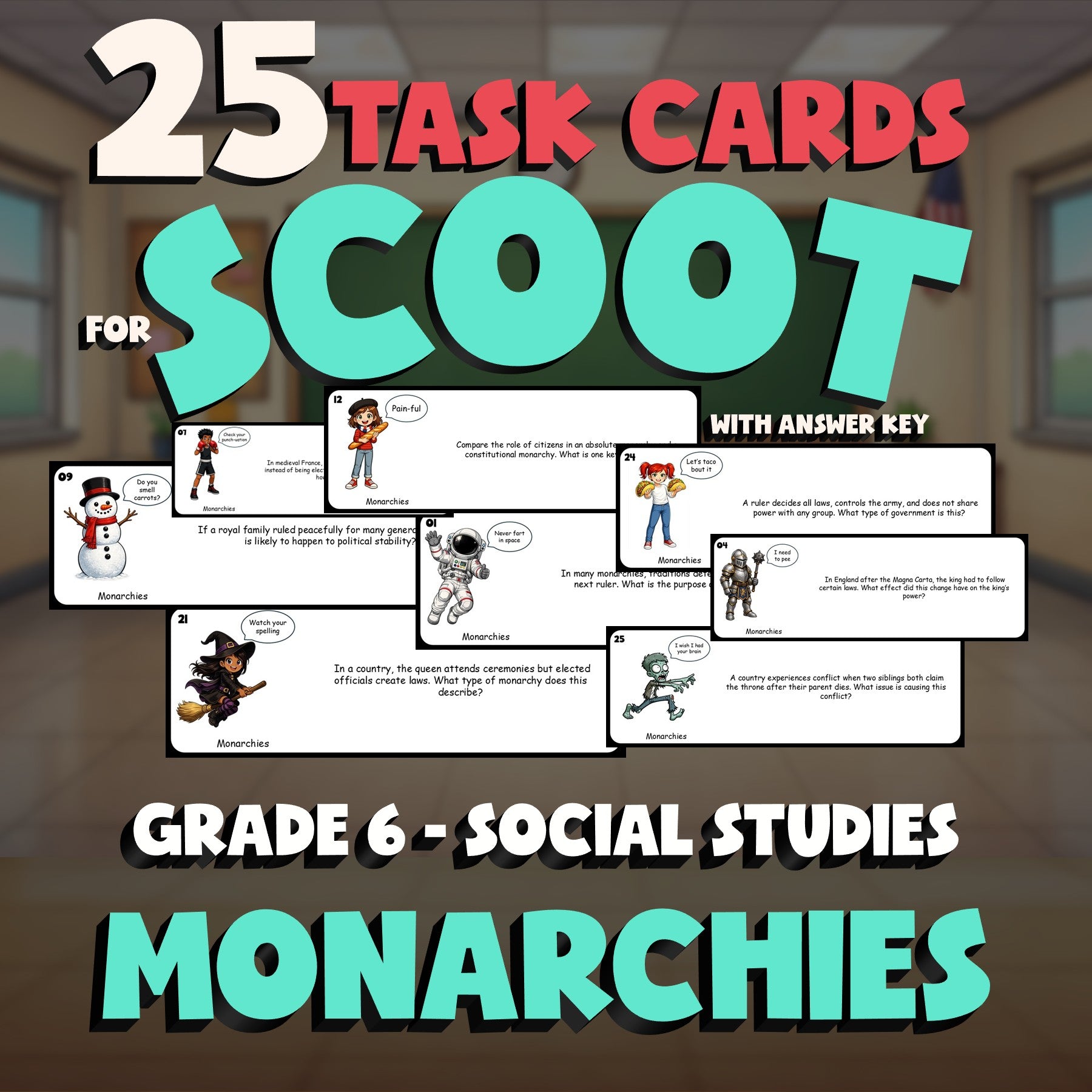 Monarchies SCOOT TASK CARDS Socials Game - No Prep Grade 6 Review Activity