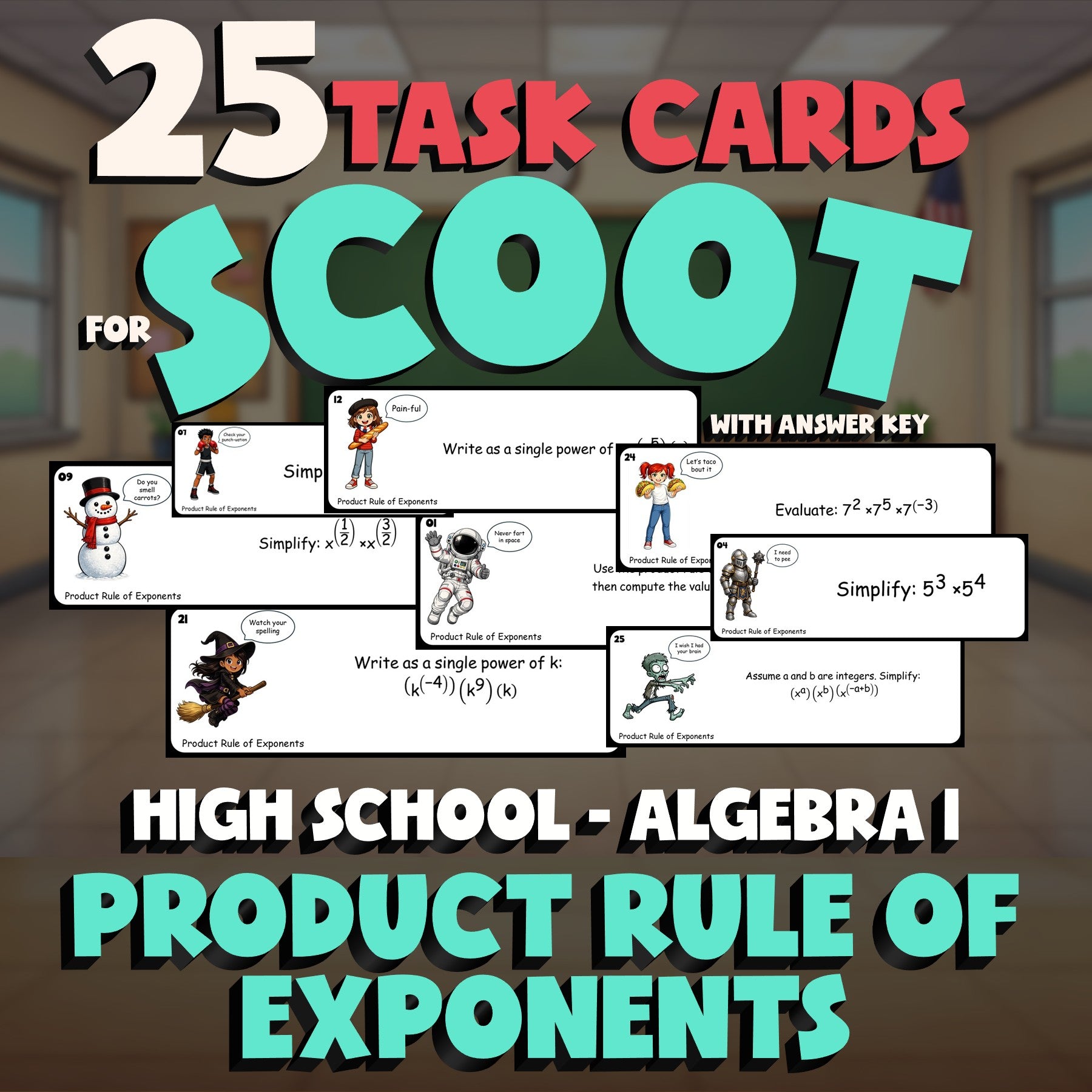 Product Rule of Exponents SCOOT TASK CARDS Math Game - No Prep Algebra 1 Review