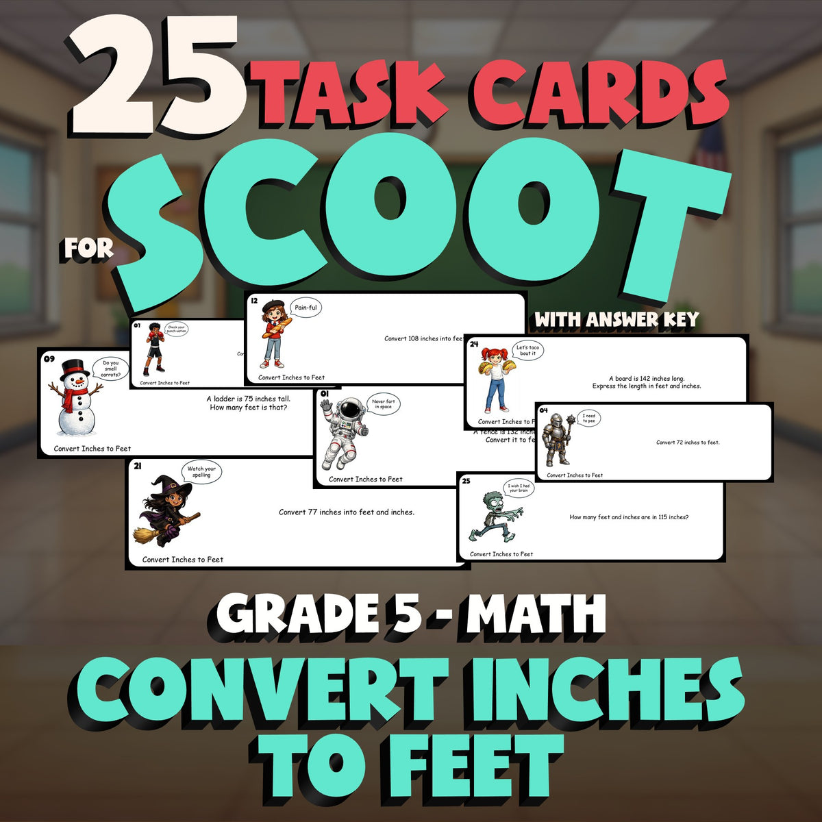 Convert Inches to Feet SCOOT TASK CARDS Math Game - No Prep Grade 5 Review