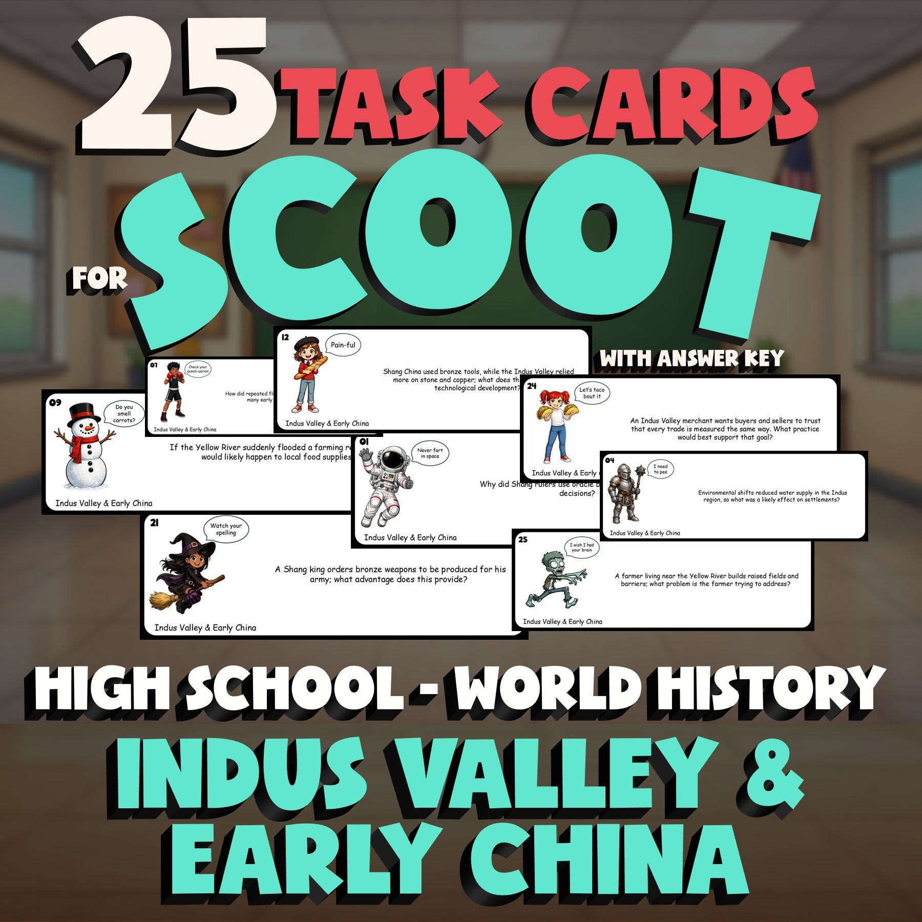 Indus Valley & Early China SCOOT TASK CARDS Game - No Prep World History Review