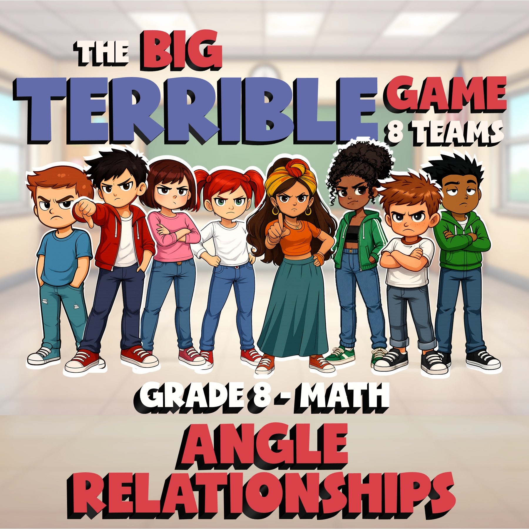 Angle Relationships BIG TERRIBLE GAME - No Prep Grade 8 Math Review Activity