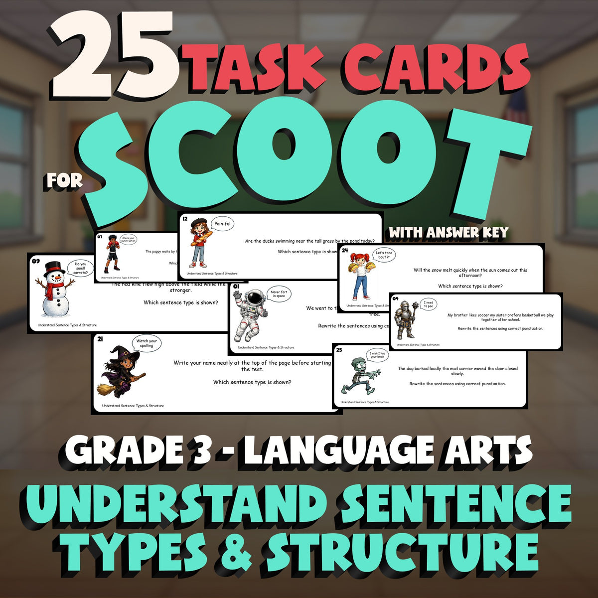 Understand Sentence Types & Structure SCOOT TASK CARDS ELA Game - Grade 3
