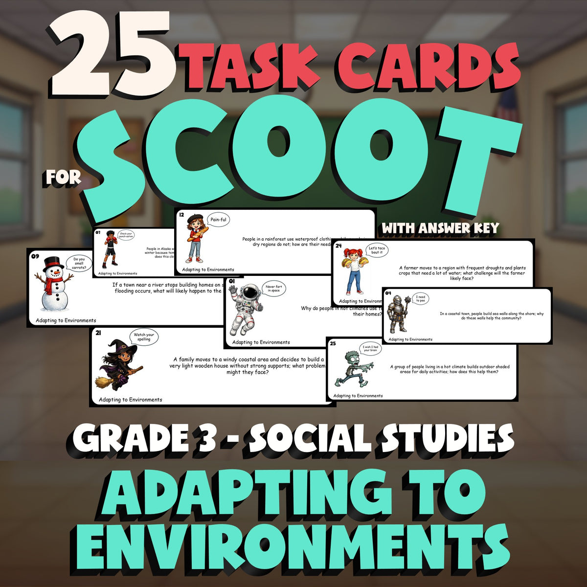 Adapting to Environments SCOOT TASK CARDS Socials Game - No Prep Grade 3 Review