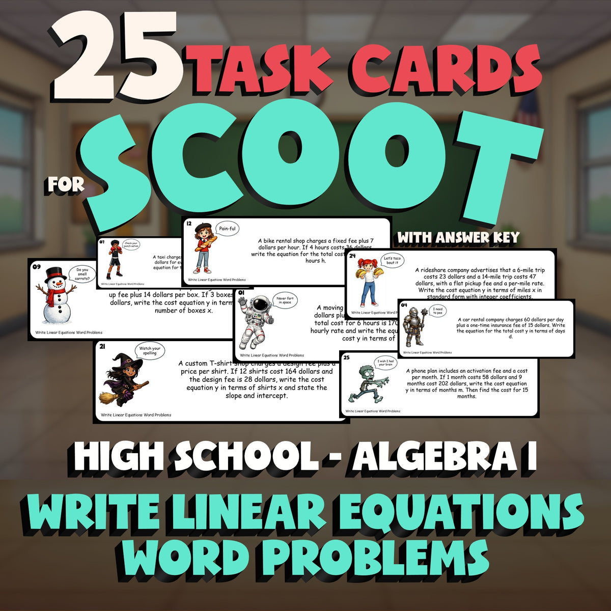 Write Linear Equations Word Problems SCOOT TASK CARDS Math Game - Algebra 1