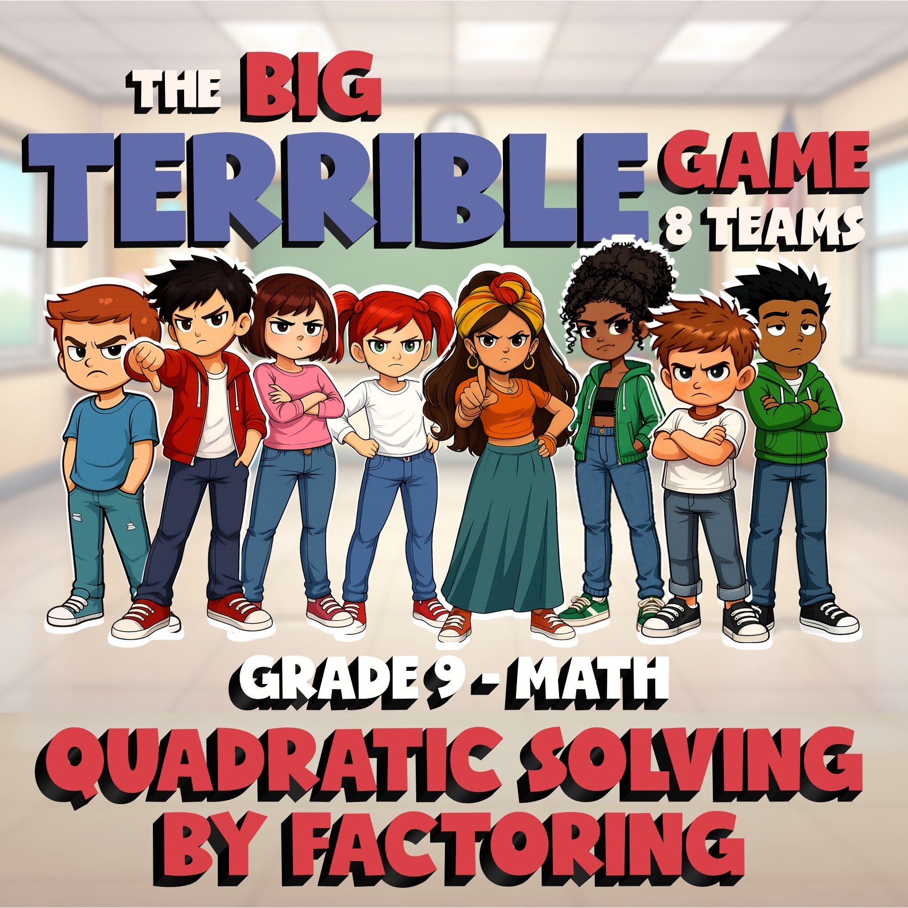 Quadratic Solving by Factoring BIG TERRIBLE GAME - No Prep Grade 9 Math Review